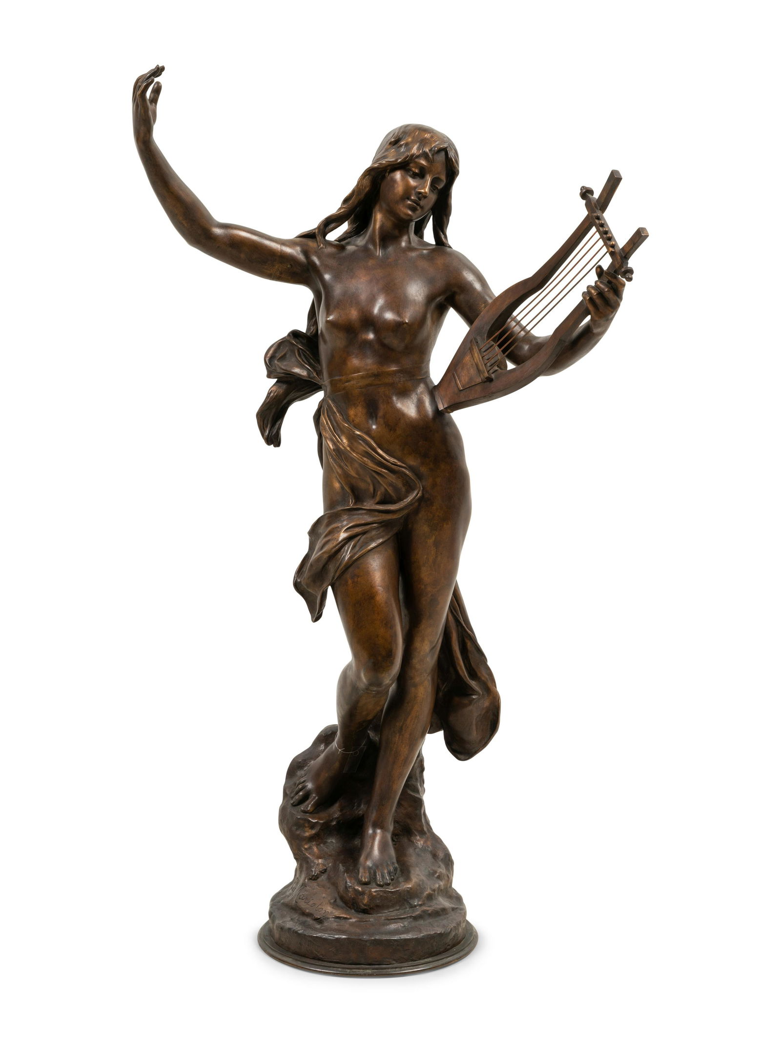 Eugene Marioton (French, 1857-1933): Eugene Marioton (French, 1857-1933) Cast by E. Colin et Cie., Paris Maiden with a Lyre bronze signed Eug. Marioton and stamped E. COLIN & CIE./ PARIS Height 34 x width 19 1/2 inches. Property from the
