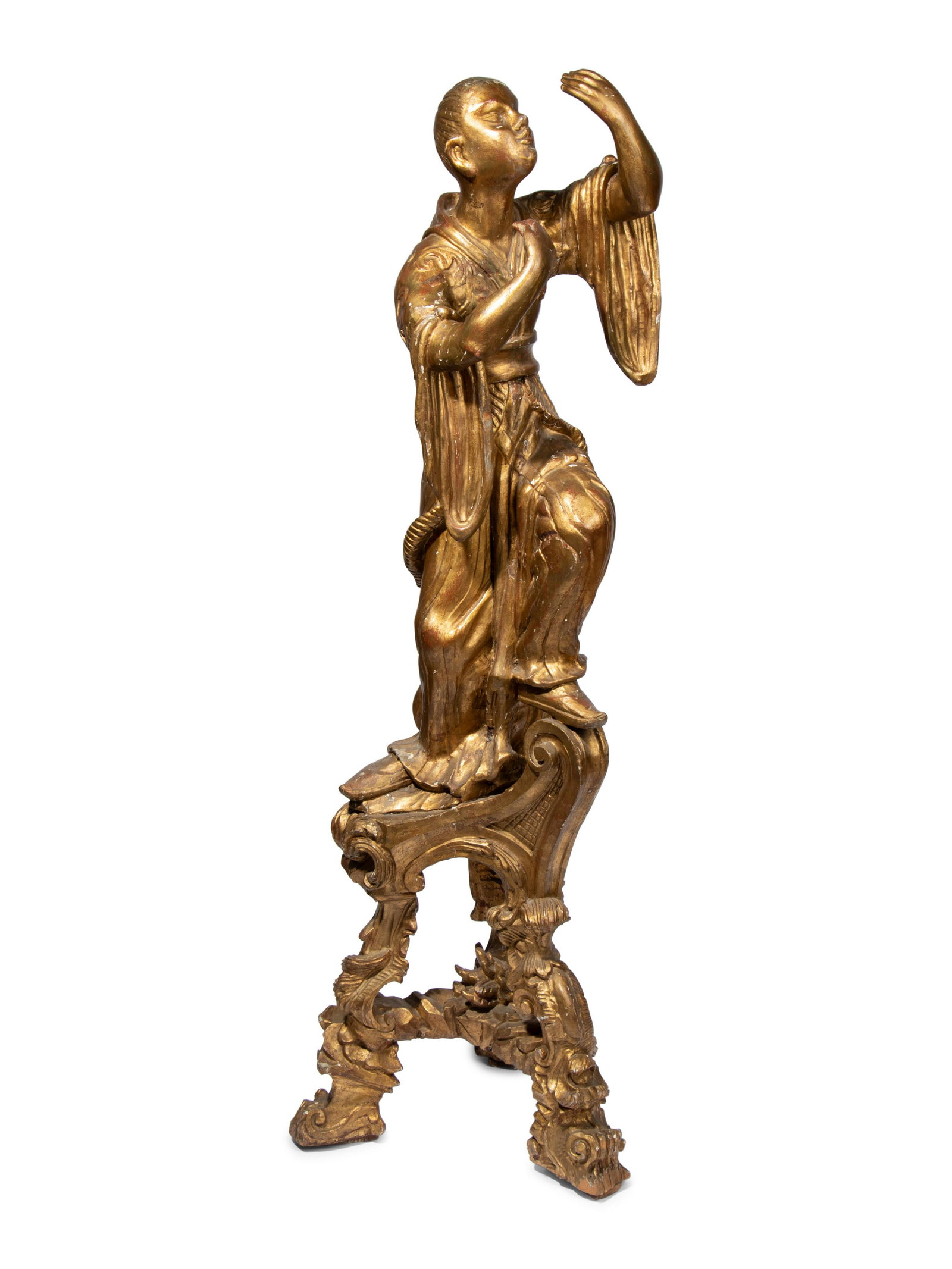 A Venetian Giltwood Chinoiserie Figure: A Venetian Giltwood Chinoiserie Figure 19th Century Height 50 inches. Property from the Collection of Ron Winter, Merwins Antiques, Birmingham, Michigan