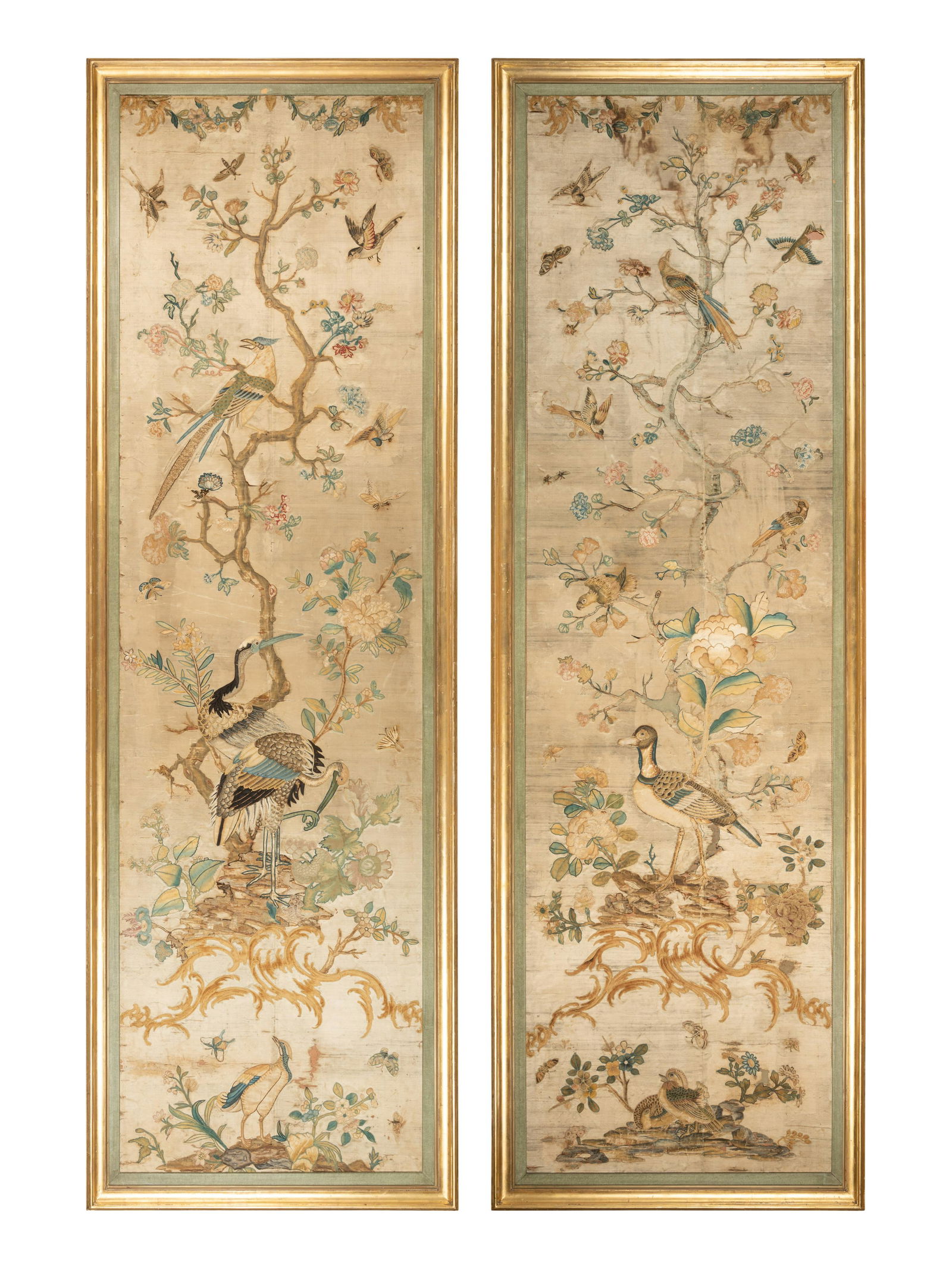 A Pair of Italian Silk and Needlework Panels: A Pair of Italian Silk and Needlework Panels Circa 1740 Height of silk panels 115 x width 32 1/2 inches. Property from a House and Garden Designed by David Hicks, Bloomfield Hills, Michigan Provenance