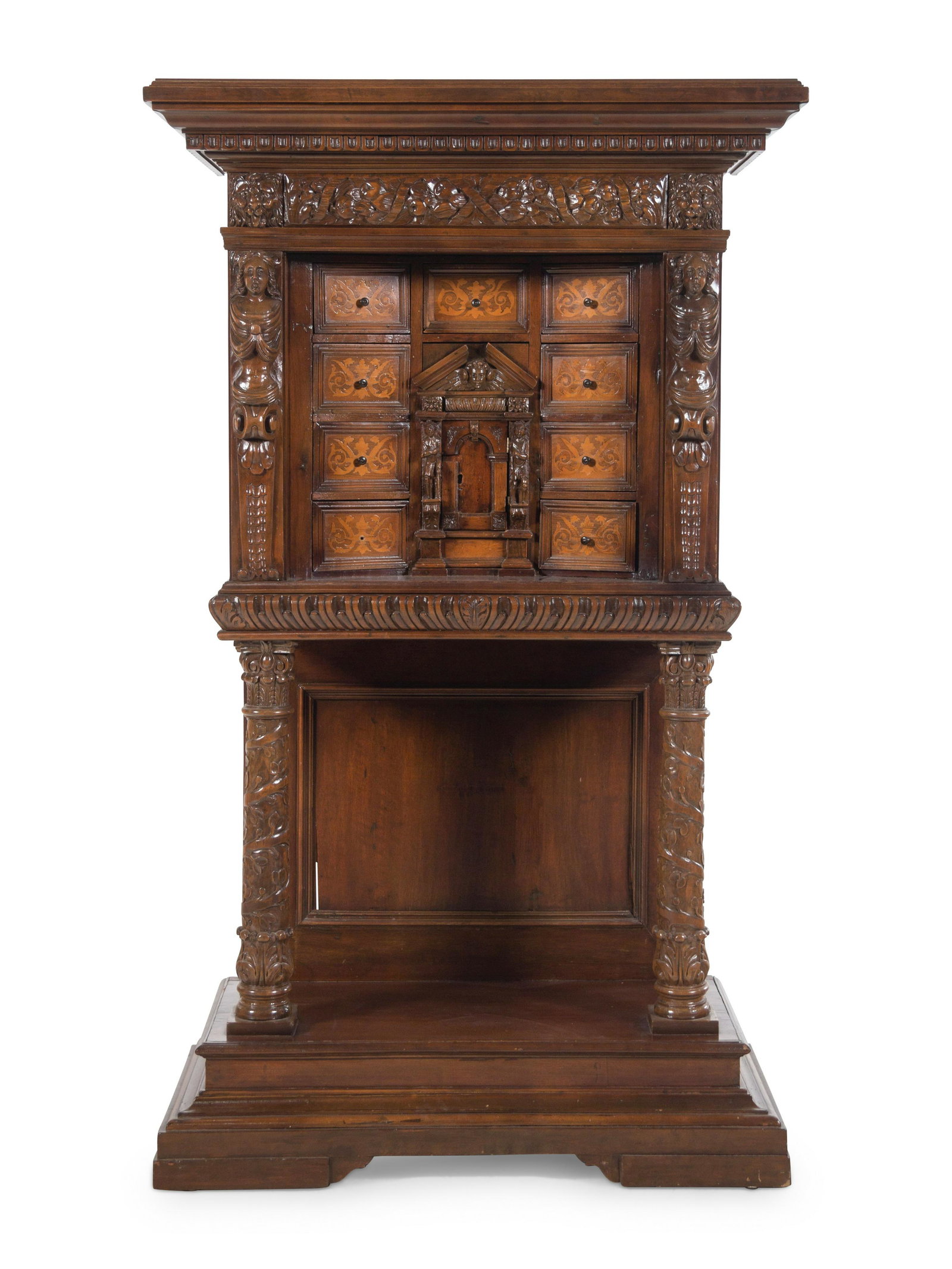 A Renaissance Revival Carved Walnut and Marquetry Collector's Cabinet: A Renaissance Revival Carved Walnut and Marquetry Collector's Cabinet 20th Century, Incorporating Earlier Elements with impressed MADE IN ITALY stamps to the backboards. Height 64 1/4 x width 38 x dep