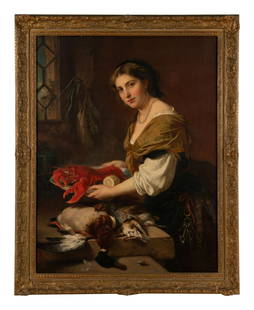 Otto Meyer (German, 1839-1868): Otto Meyer (German, 1839-1868) A Young Woman with a Lobster and Game, 1869 oil on canvas signed Otto Meyer and dated (lower left) 44 1/4 x 34 inches. Property from the Collection of Dr. Kianoosh Jafar