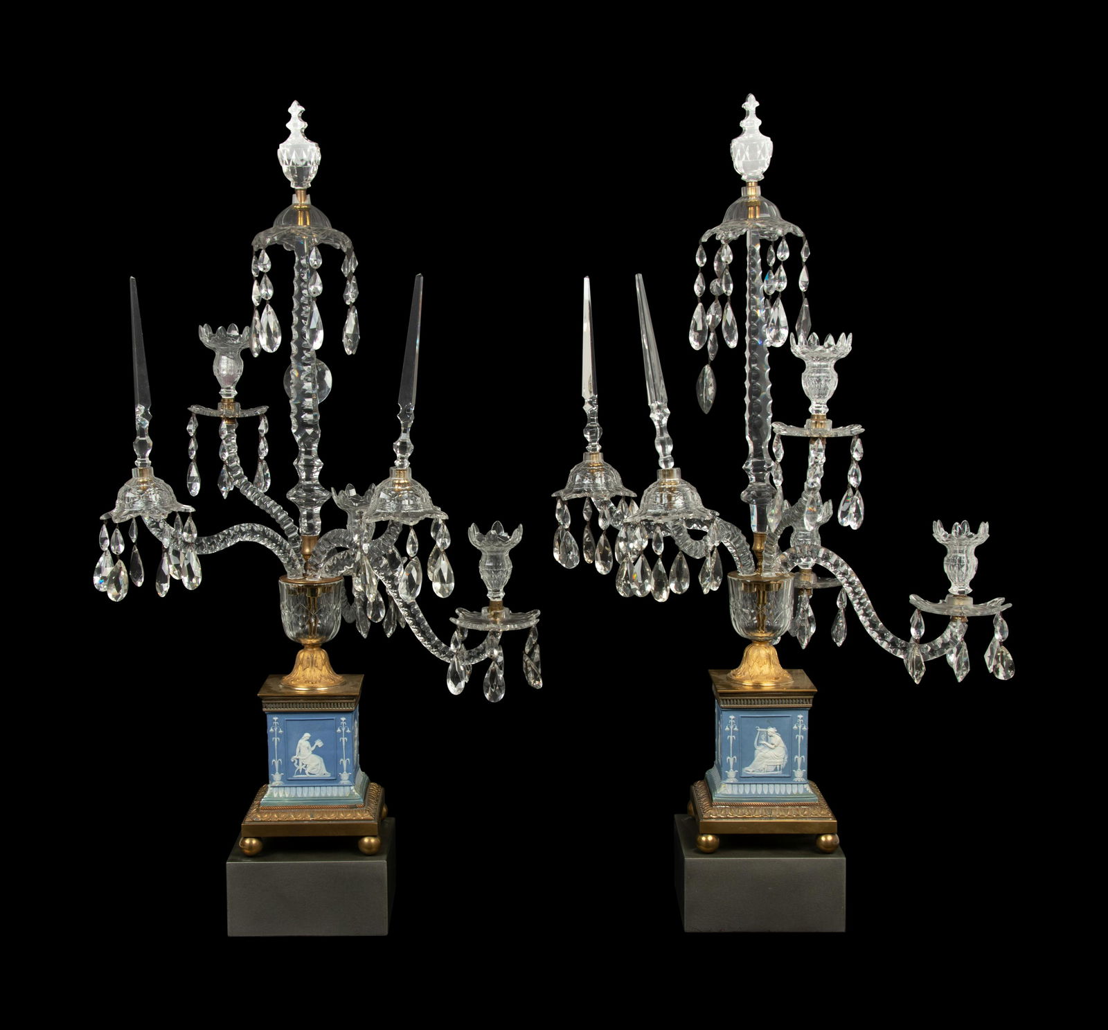 A Pair of George III Style Gilt Bronze Mounted Jasperware and Cut Glass Five-Arm Girandoles (1 of 10)
