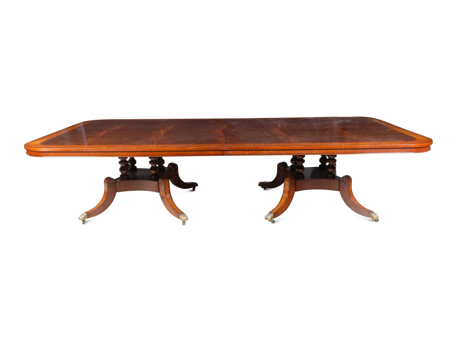 A George III Style Satinwood-Banded Mahogany Triple-Pedestal Dining Table (1 of 3)