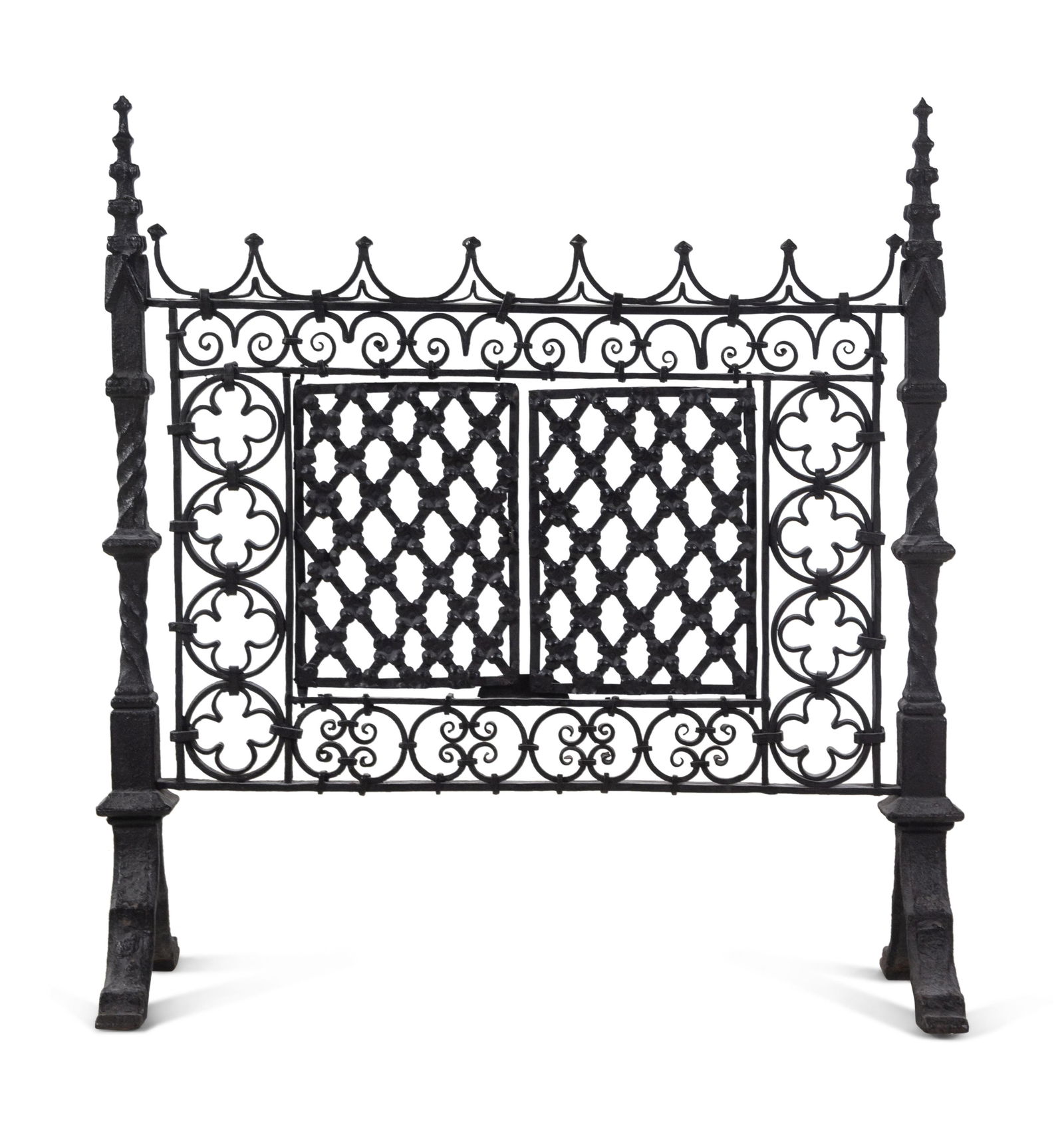 A Gothic Style Black Painted Wrought and Cast Iron Fire Screen (1 of 2)
