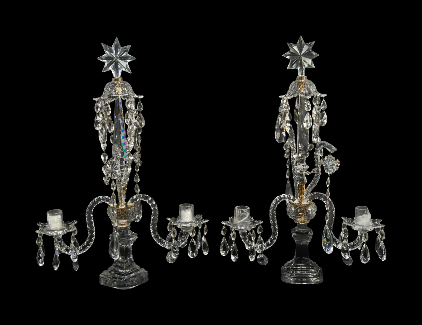 A Pair of English Brass Mounted Cut Glass Two-Light Girandoles: A Pair of English Brass Mounted Cut Glass Two-Light Girandoles Circa 1860 Height 23 1/2 x width 16 1/2 inches. Property from a House and Garden Designed by David Hicks, Bloomfield Hills, Michigan Prov