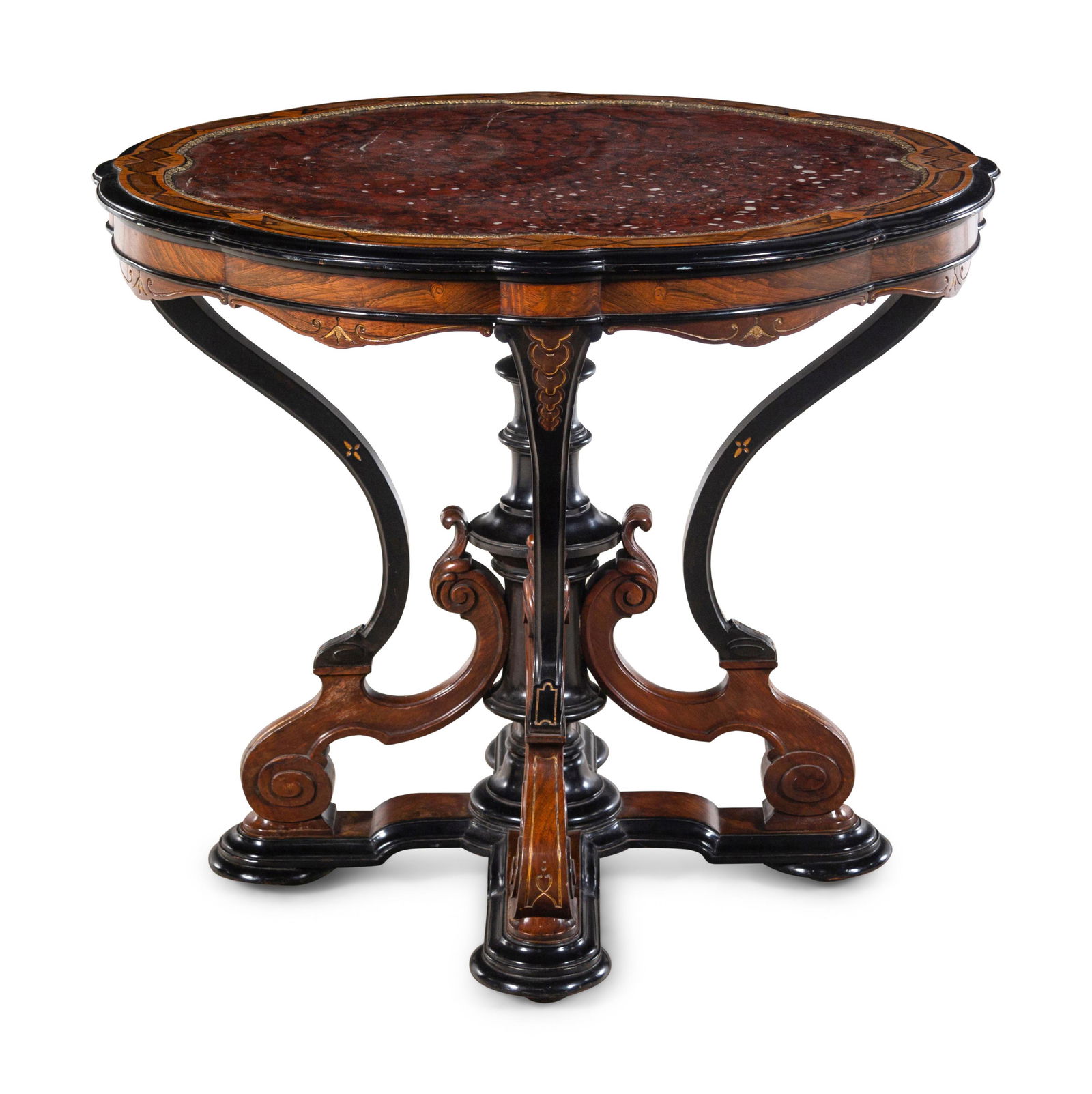 An Aesthetic Movement Parcel Ebonized Burl Walnut Marble-Top Center Table (1 of 3)