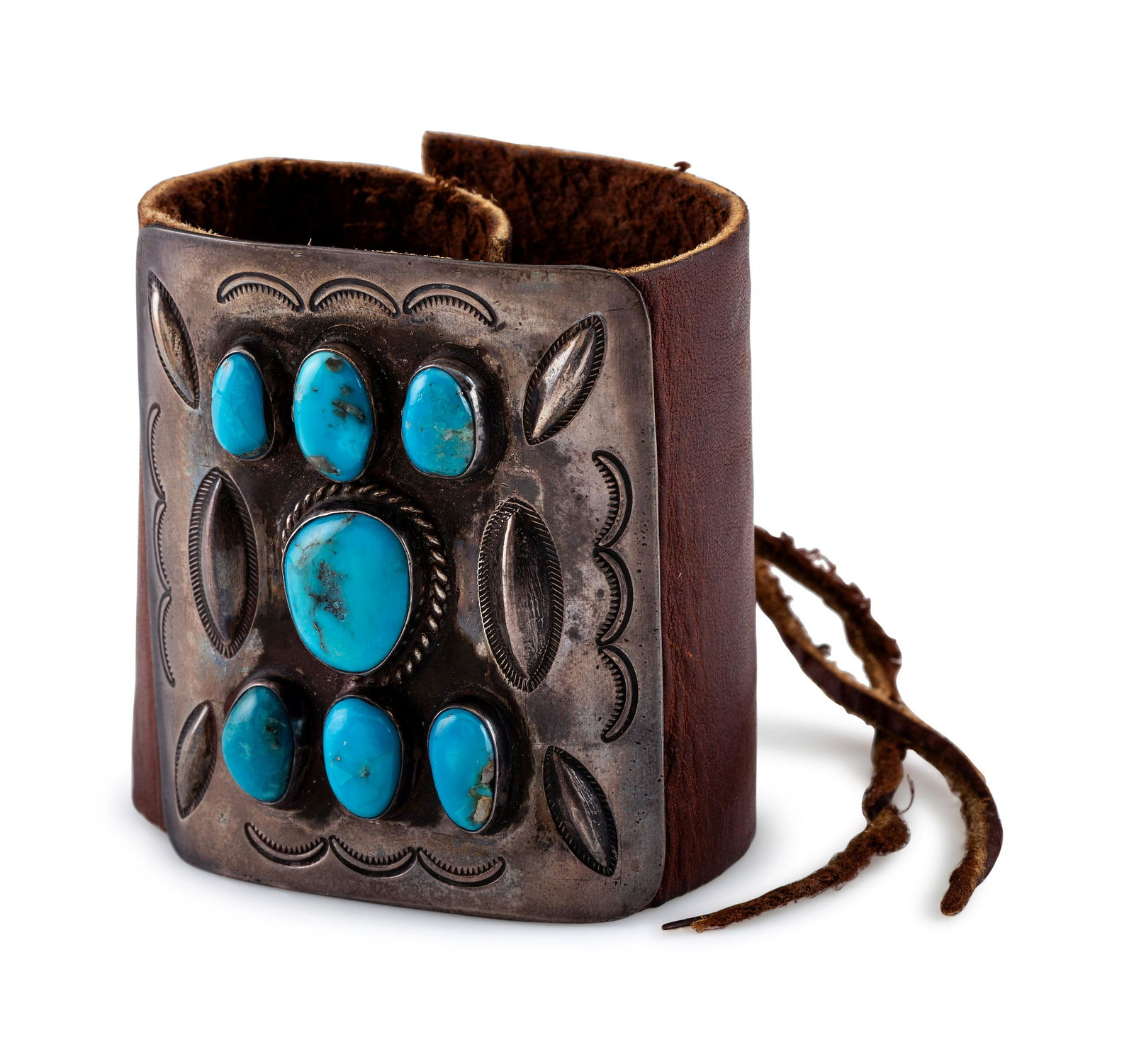 Navajo Silver and Turquoise Ketoh second quarter - mid 20th century   width 2-5/8 inches x leather (1 of 3)