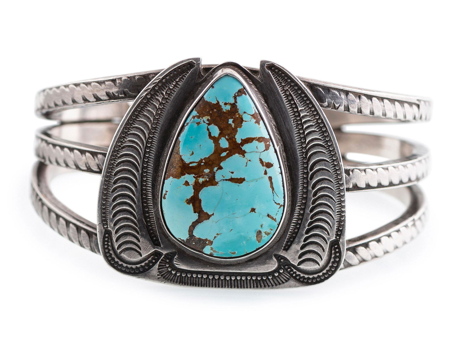 Navajo Stamped Silver Cuff Bracelet, with #8 Turquoise second quarter - mid 20th century  not marked (1 of 2)