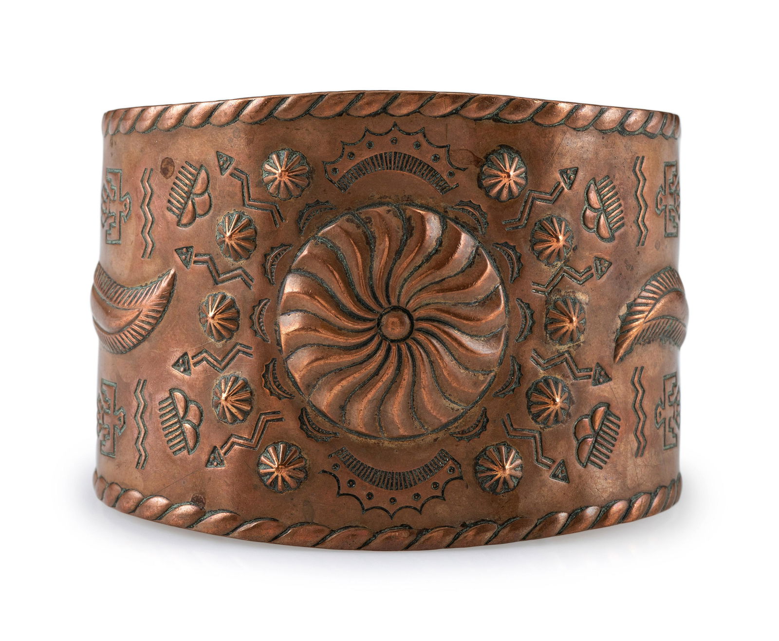 Fred Harvey Era Copper Trade Cuff Bracelet mid-20th century  not marked  cuff width 1-3/4 inches, (1 of 3)