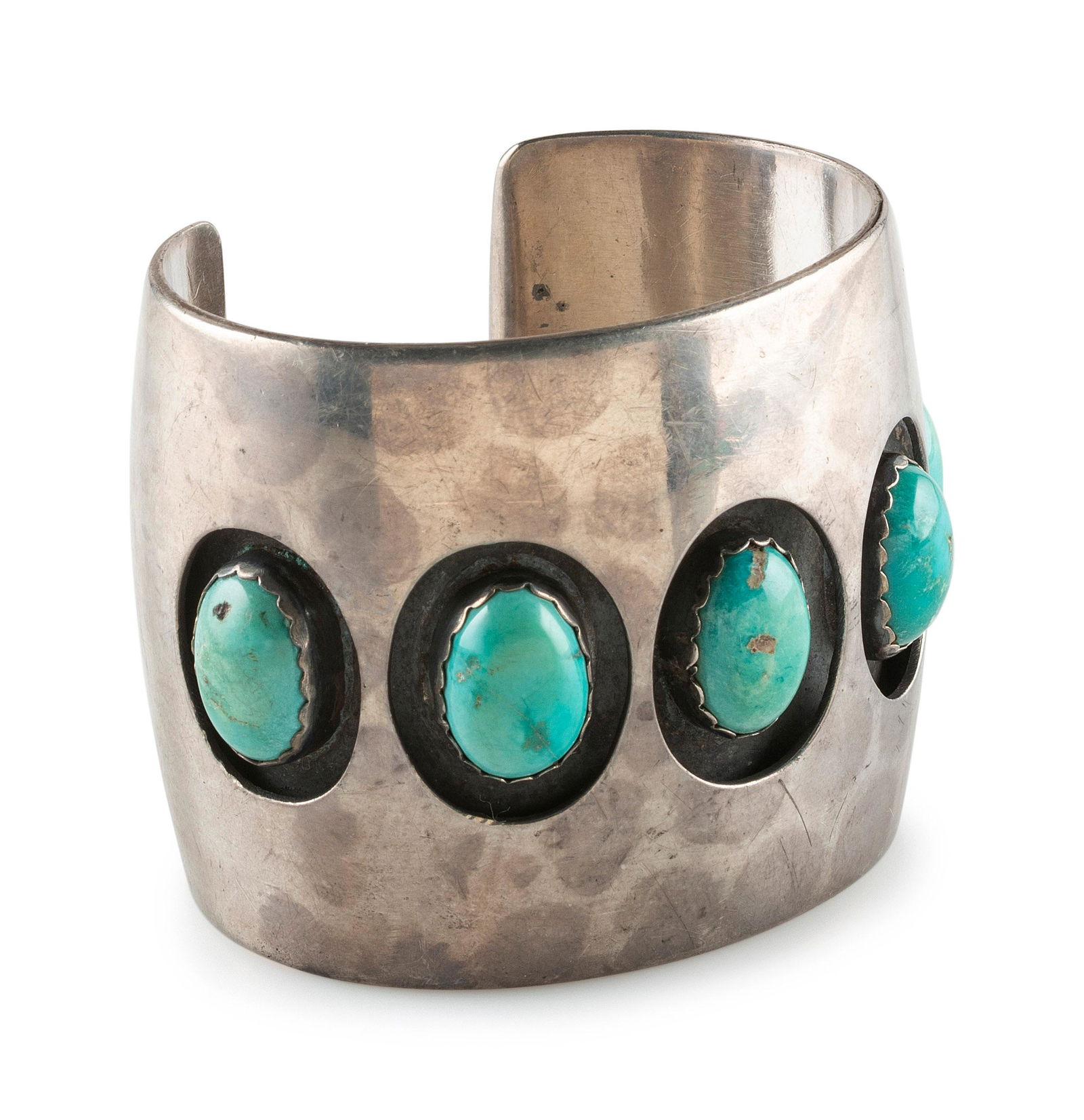 Joe H. Quintana (Cochiti, 1915-1995)  Silver and Turquoise Cuff Bracelet  with a row of tuquoise set (1 of 3)