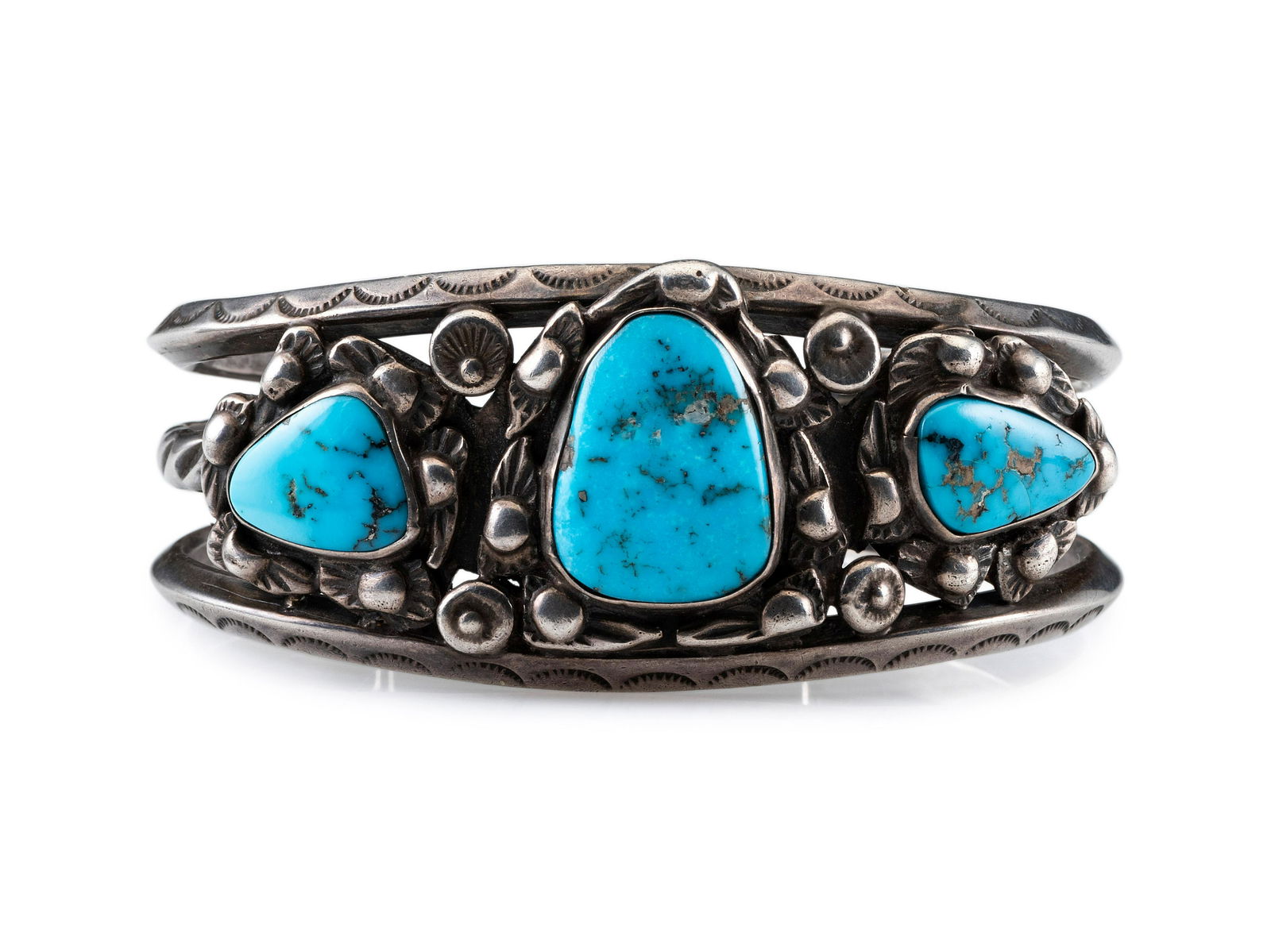 Navajo Silver and Turquoise Cuff Bracelet mid-20th century  not marked  cuff width 1-1/8 inches, (1 of 3)