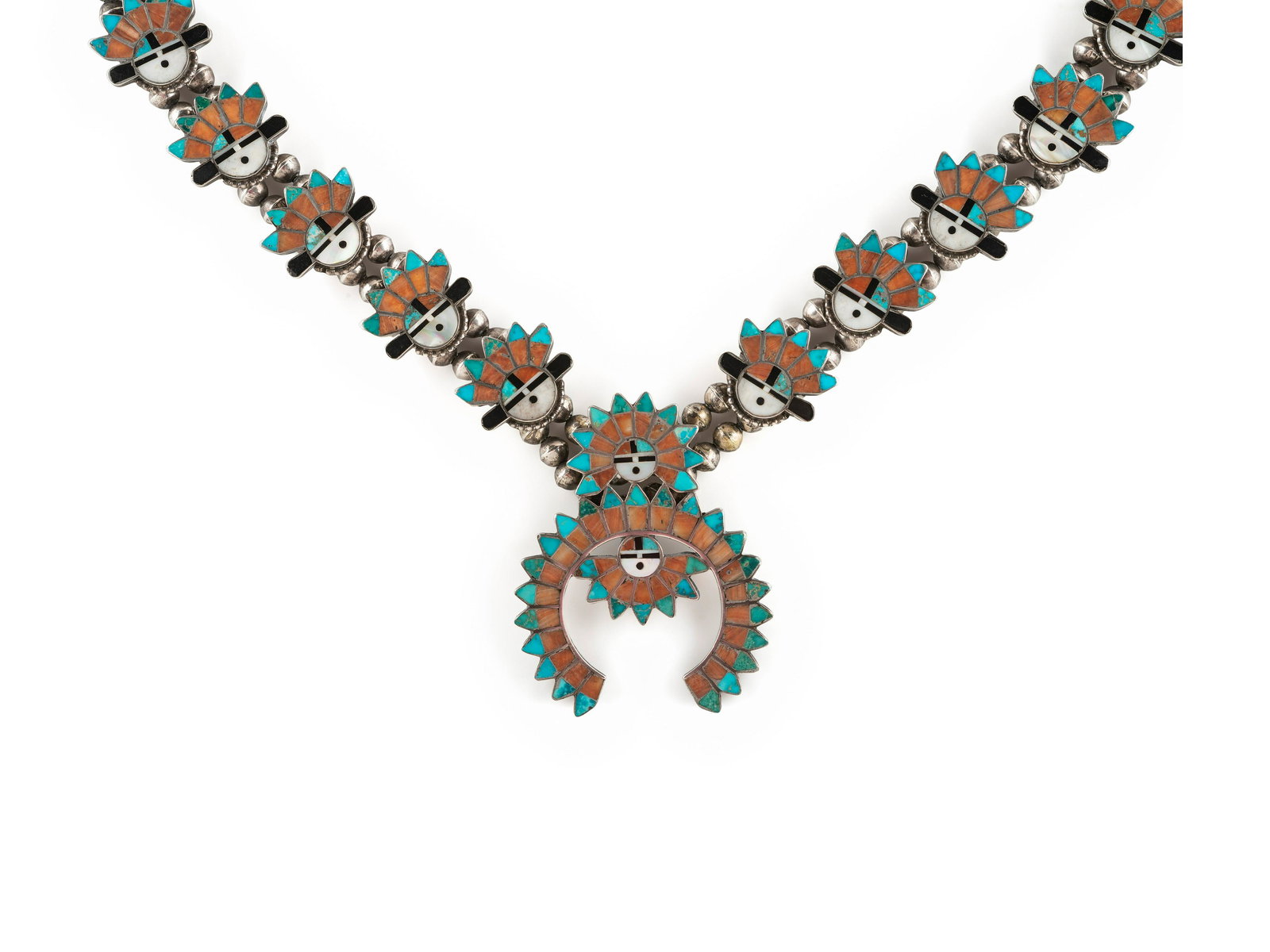 Zuni Silver and Mosaic Inlay Sunface Squash Blossom Necklace mid-20th century  inlaid with (1 of 2)