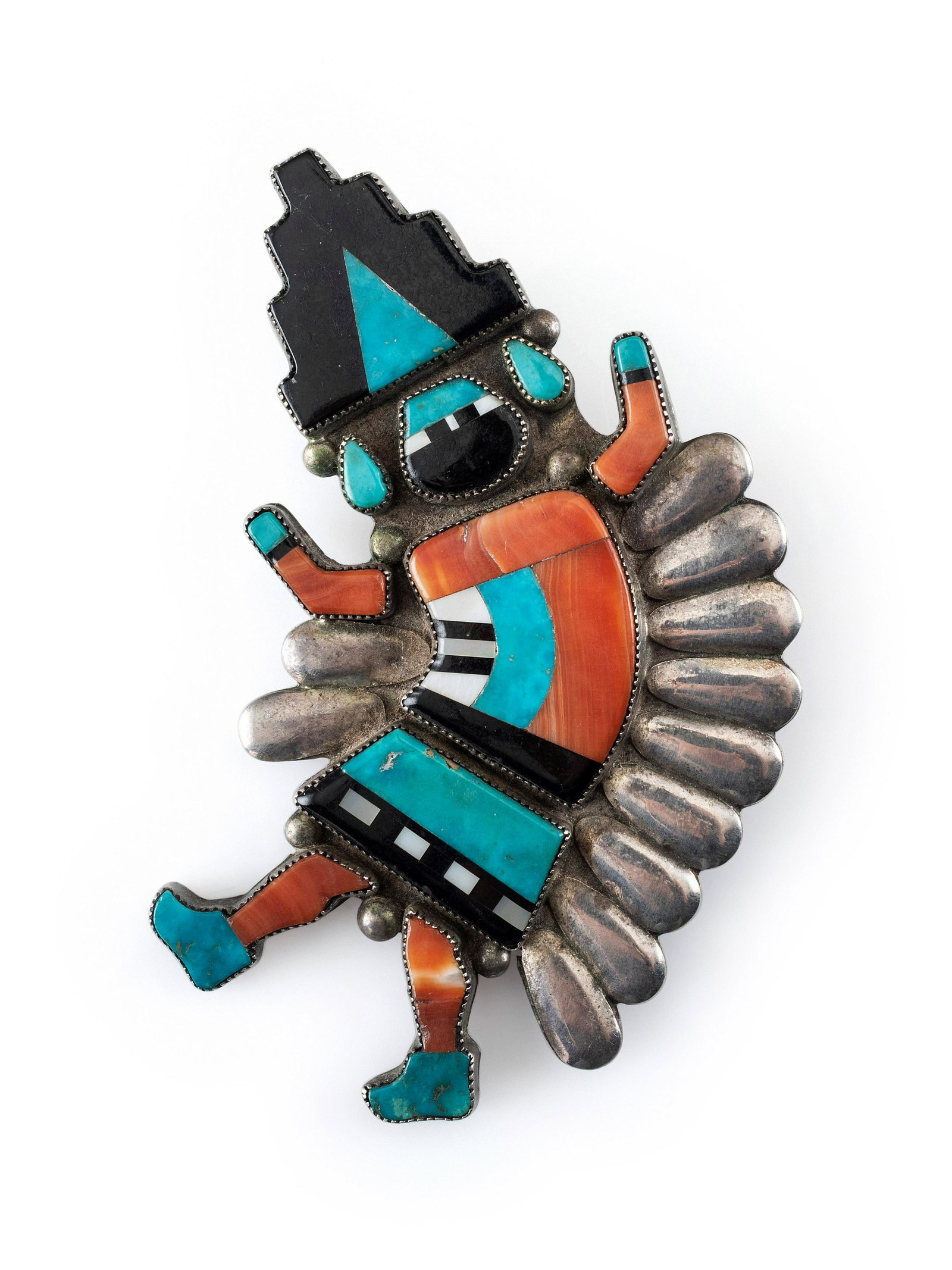 Zuni Silver and Mosaic Inlay Rainbow Man Pin / Brooch second quarter - mid 20th century  inlaid with (1 of 2)