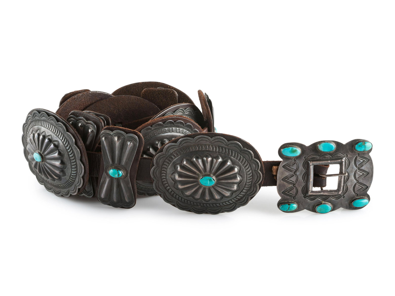 Navajo Silver and Turquoise Concha Belt second quarter 20th century  seven cochas altrnate with six (1 of 2)