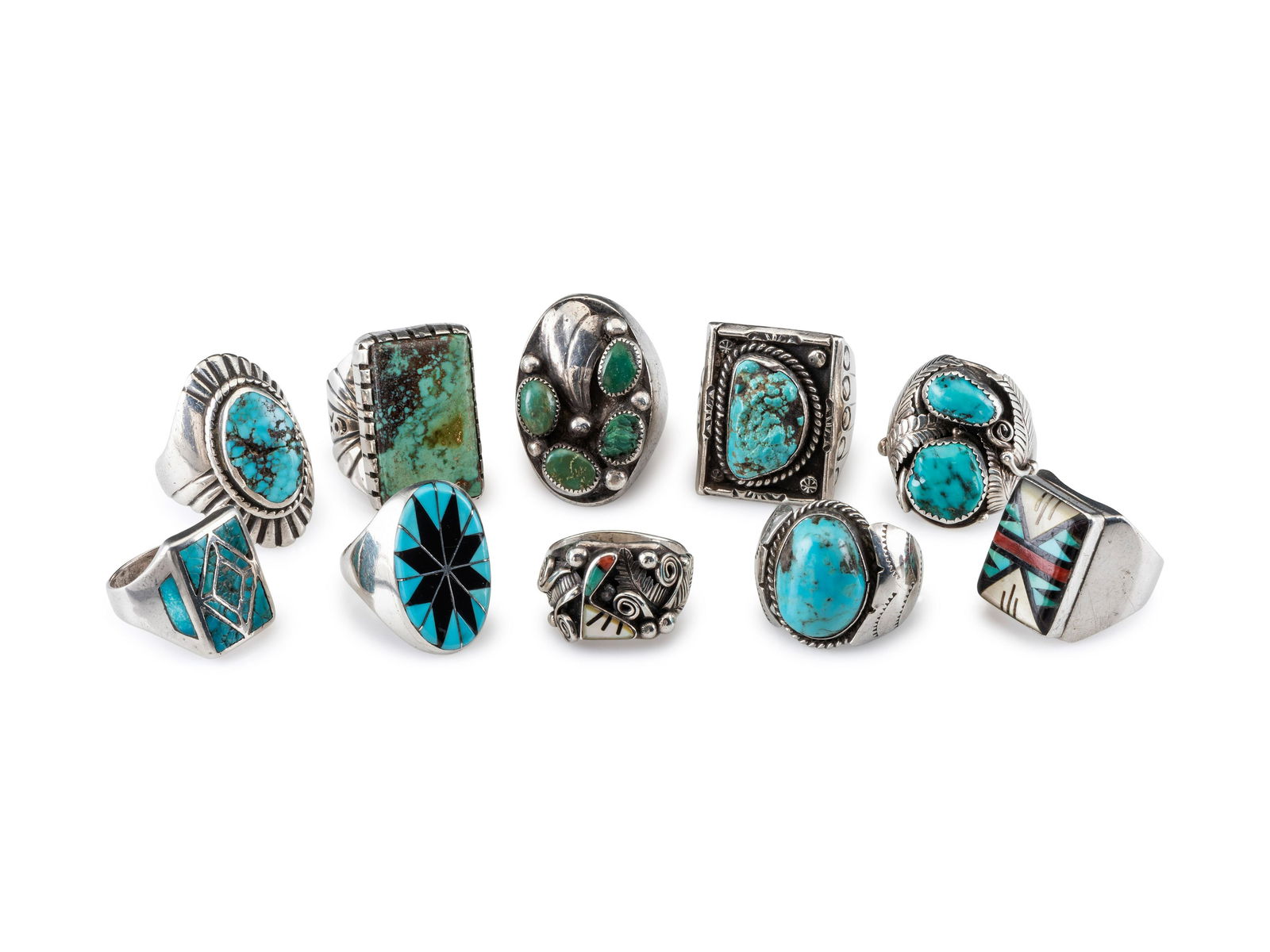 Navajo and Zuni Silver Rings, with Inlay mid - third quarter 20th century  lot of 10, incudes:  one (1 of 8)