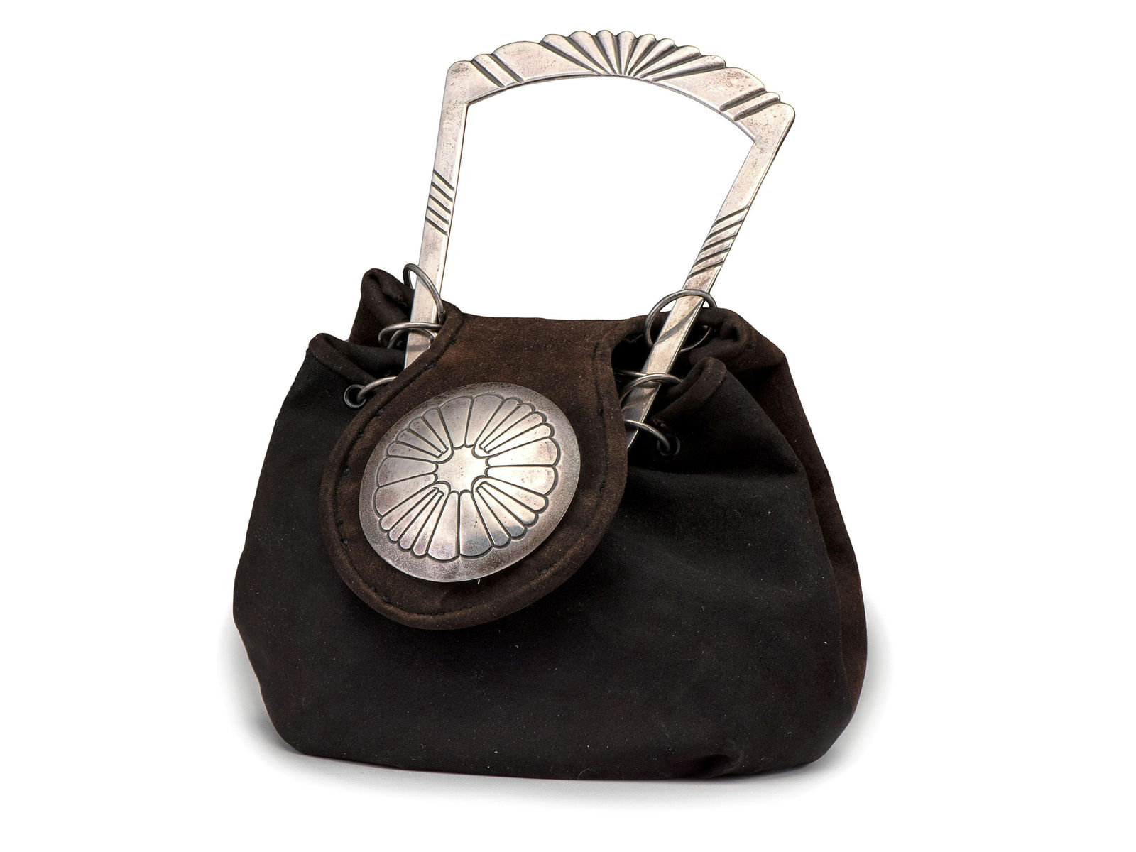 George Kee (Dine, d. 1980) Brown Suede Purse, with Sterling Silver Handle and Concha  marked on back (1 of 3)