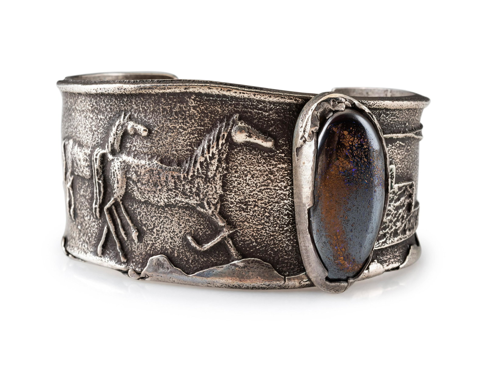 Anthony Lovato (Kewa, b. 1958) Tufa Cast Silver and Boulder Opal Cuff Bracelet, with Equine and (1 of 5)