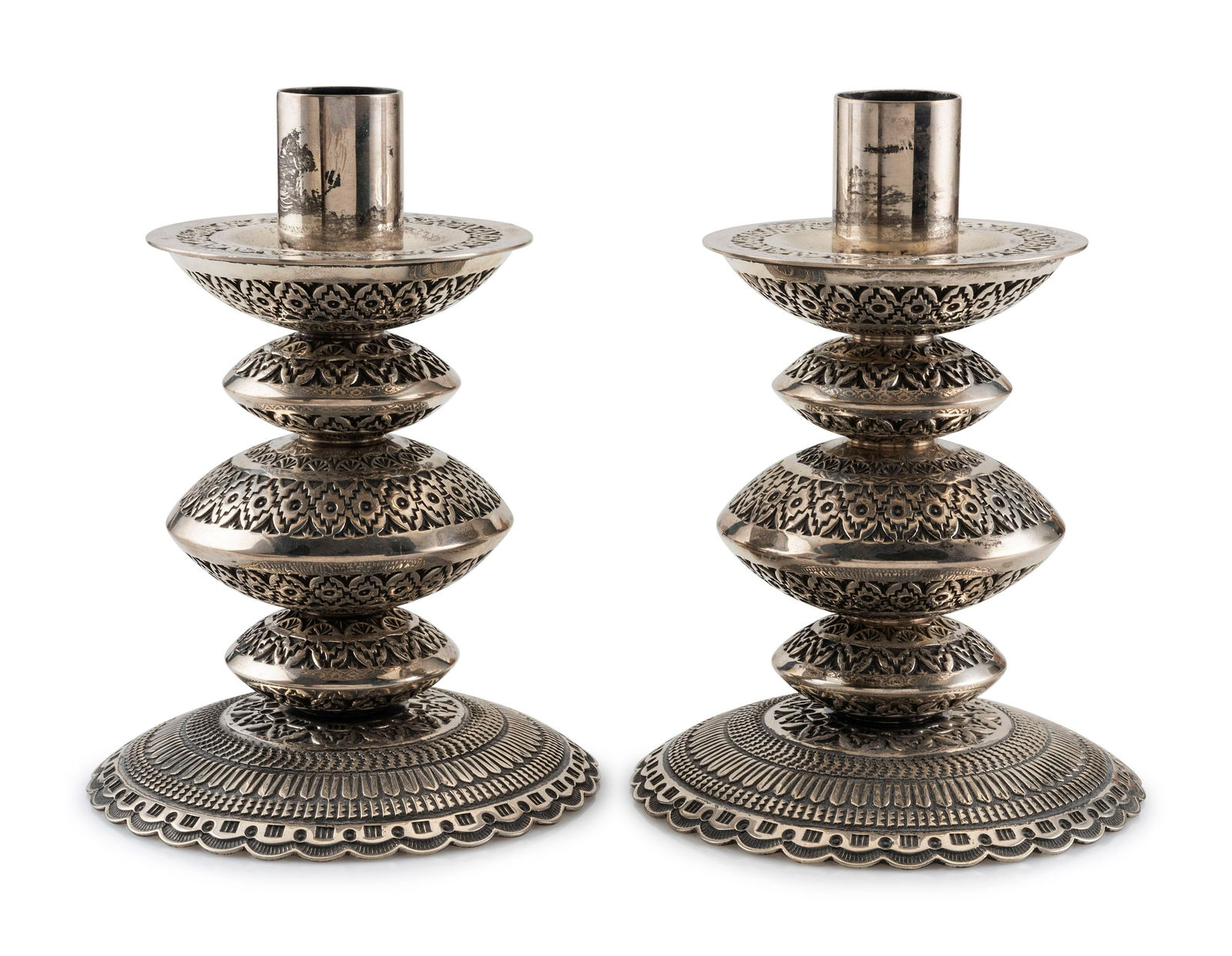 Daniel "Sunshine" Reeves (Dine, b. 1964) Pair of Sterling Silver Candlesticks  decorated with (1 of 6)