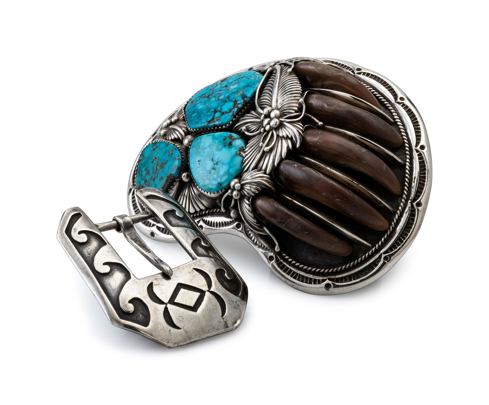 Navajo Silver Belt Buckles mid - third quarter 20th century  lot of 2, includes:  a silver overlay (1 of 2)