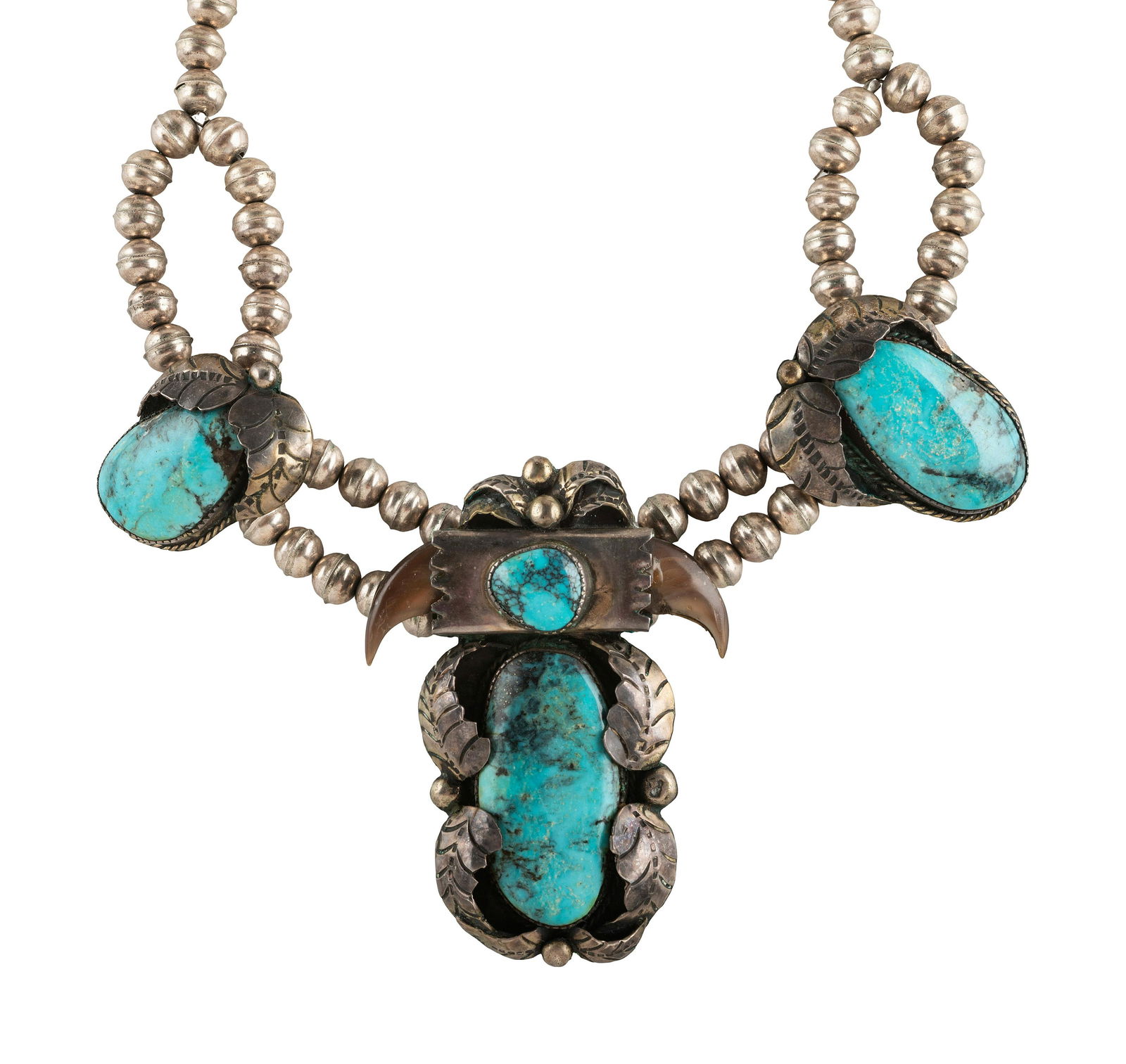 Navajo Silver, Turquiose, and Claw Necklace third quarter 20th century   not marked  neckace length (1 of 2)