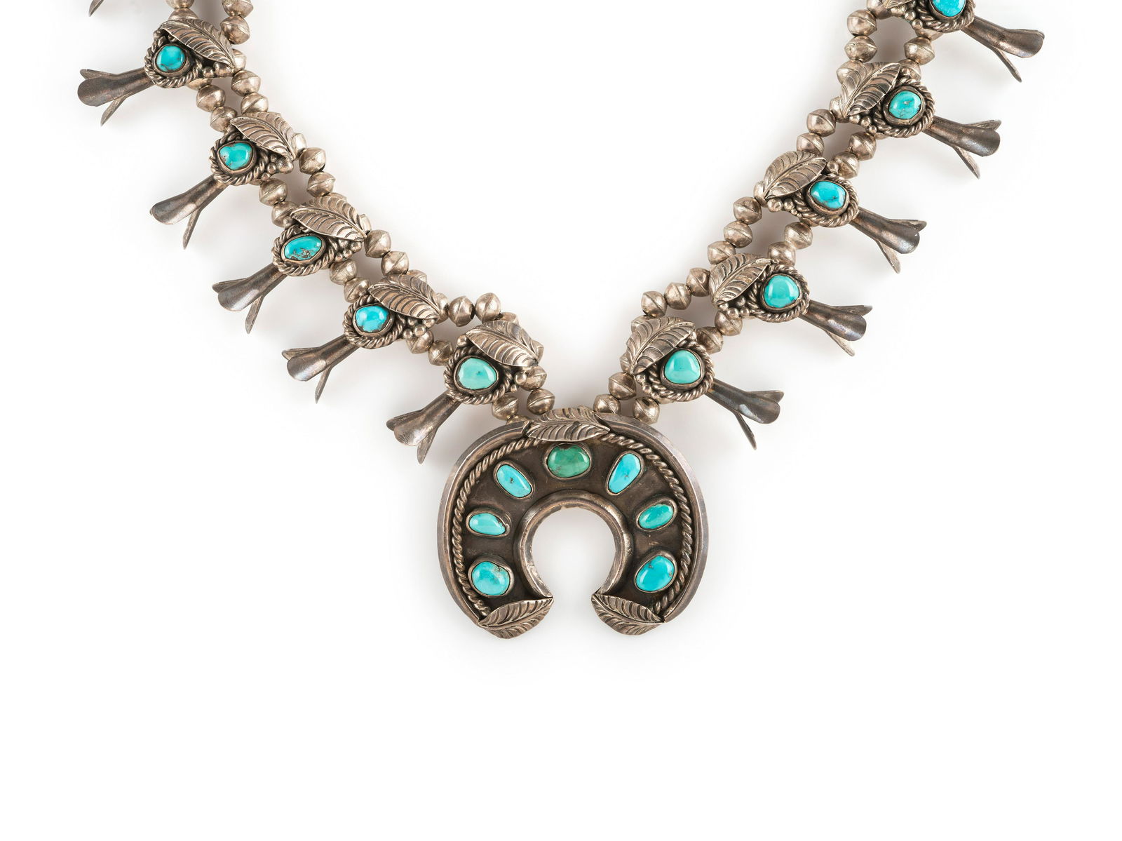 Navajo Silver and Turquoise Squash Blossom Necklace third quarter 20th century   not marked (1 of 3)