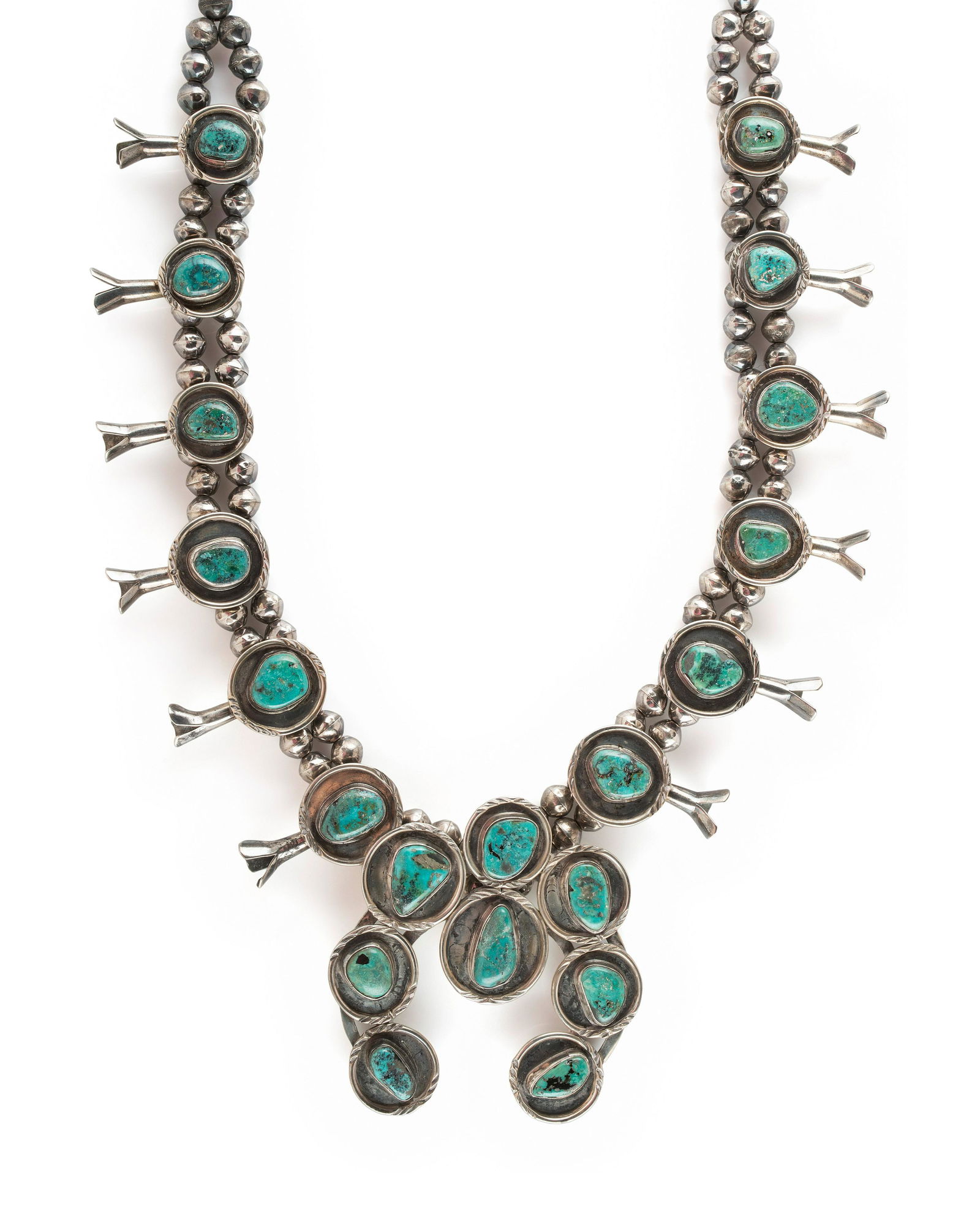 Navajo Silver and Turquoise Squash Blossom Necklace third quarter 20th century   etched  G.M. (1 of 2)