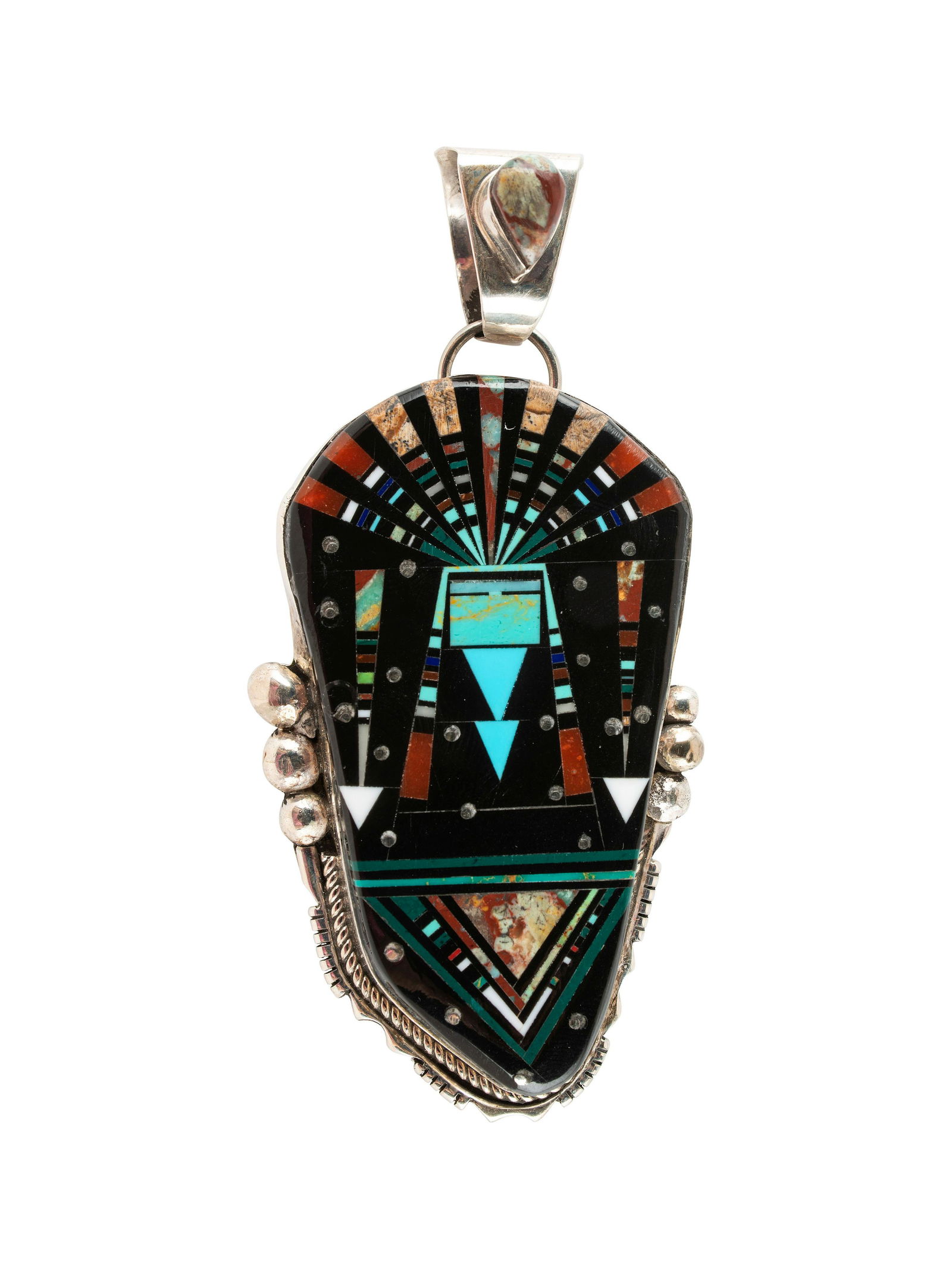 Ray Jack (Dine, 20th/21st century) Sterling Silver and Mosaic Inlay Pendant  signed RAY JACK and (1 of 2)