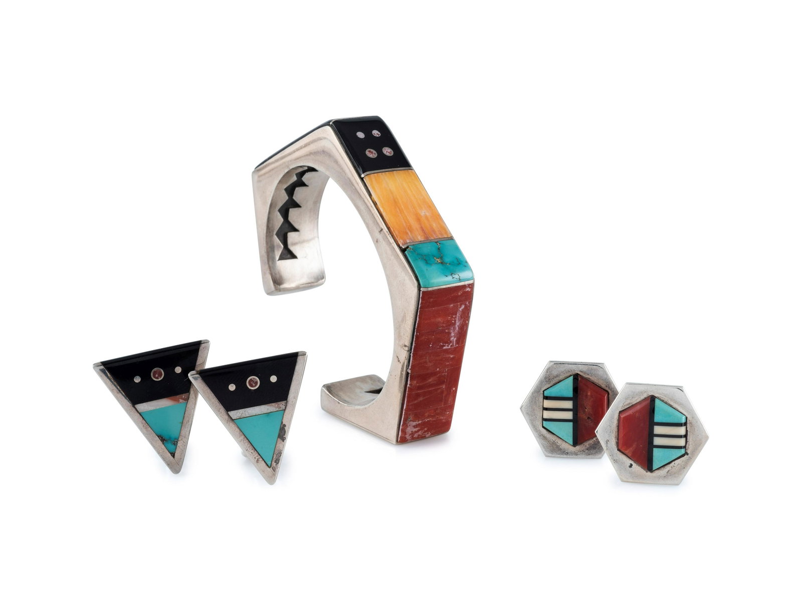 Jim Harrison (Dine, b. 1952) Silver and Mosaic Inlay Cuff Bracelet and Clip Earrings lot of 3, all: Jim Harrison (Dine, b. 1952) Silver and Mosaic Inlay Cuff Bracelet and Clip Earrings lot of 3, all signed JIM HARRISON, includes: an angular cuff set with spiny oyster, turquoise, and coral cuff width