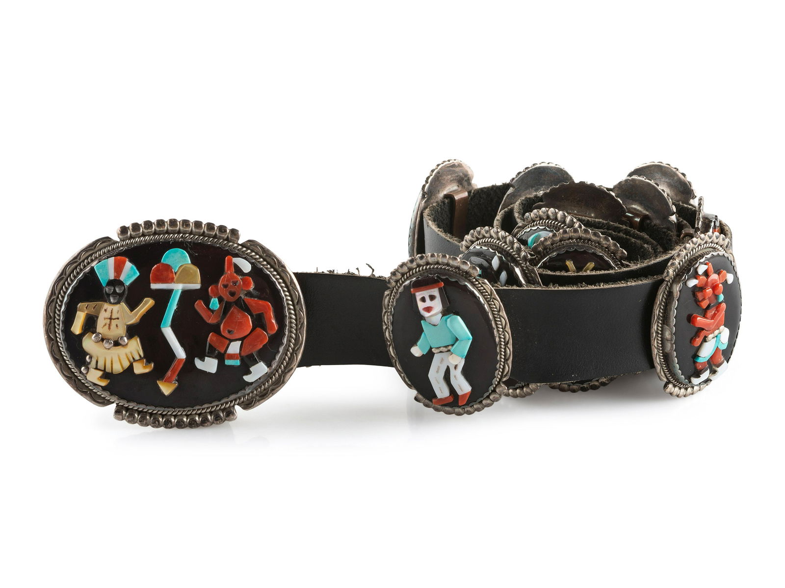 Beverly Etsate (Zuni, act since 1970s) Figural Mosaic Inlay Concha Belt  eleven silver conchas, each (1 of 3)
