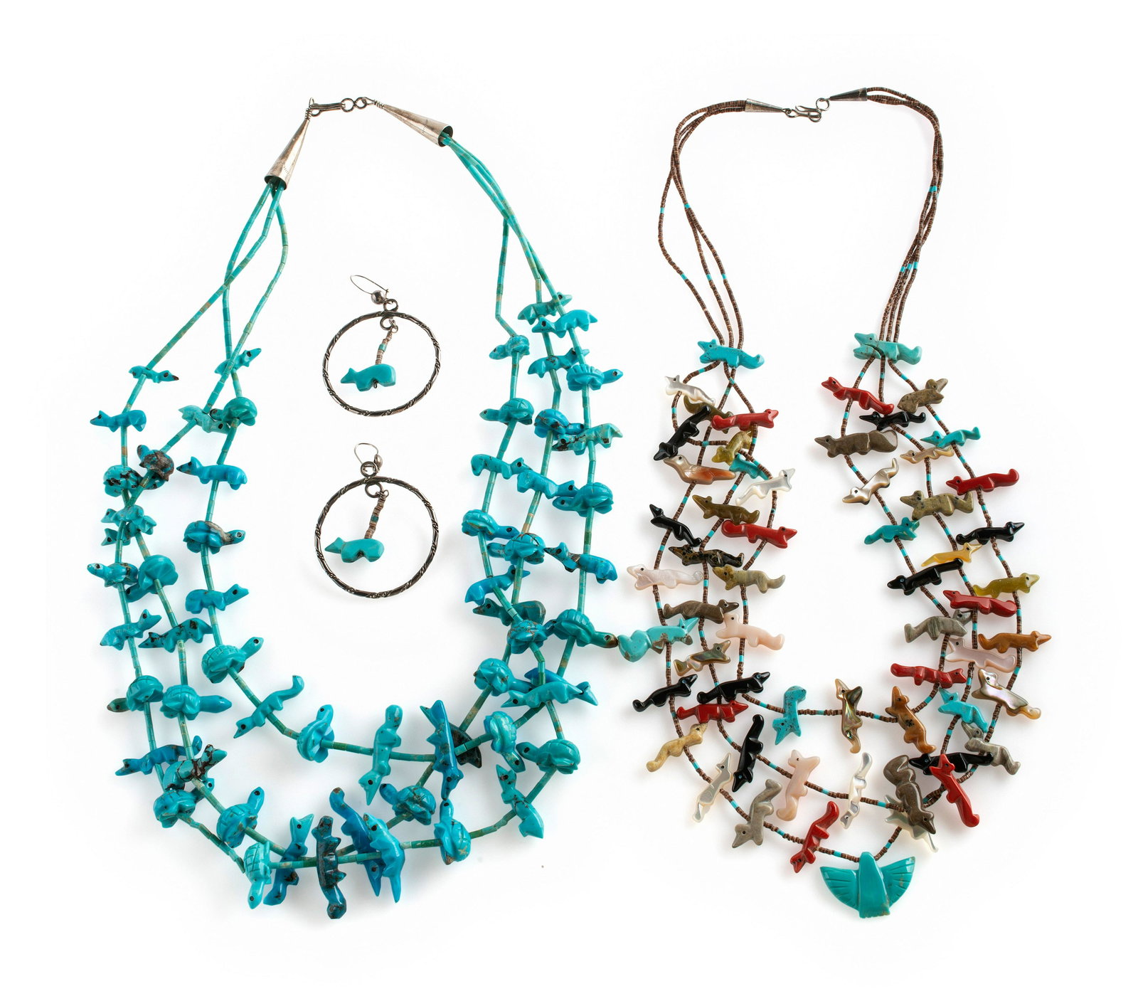 Pair of Zuni Fetish Necklaces, PLUS Earrings second half 20th century  lot of 3, includes:  a (1 of 6)
