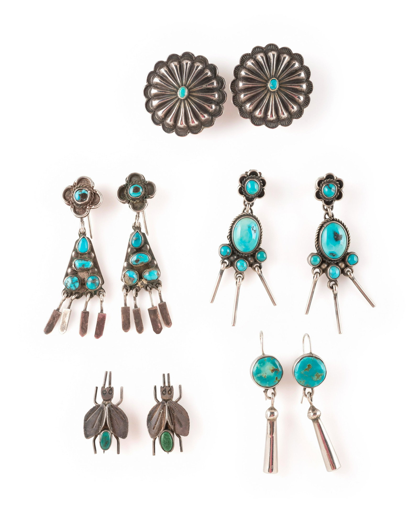 Navajo Silver and Turquoise Hook and Post Earrings mid - third quarter 20th century  lot of 5, (1 of 2)
