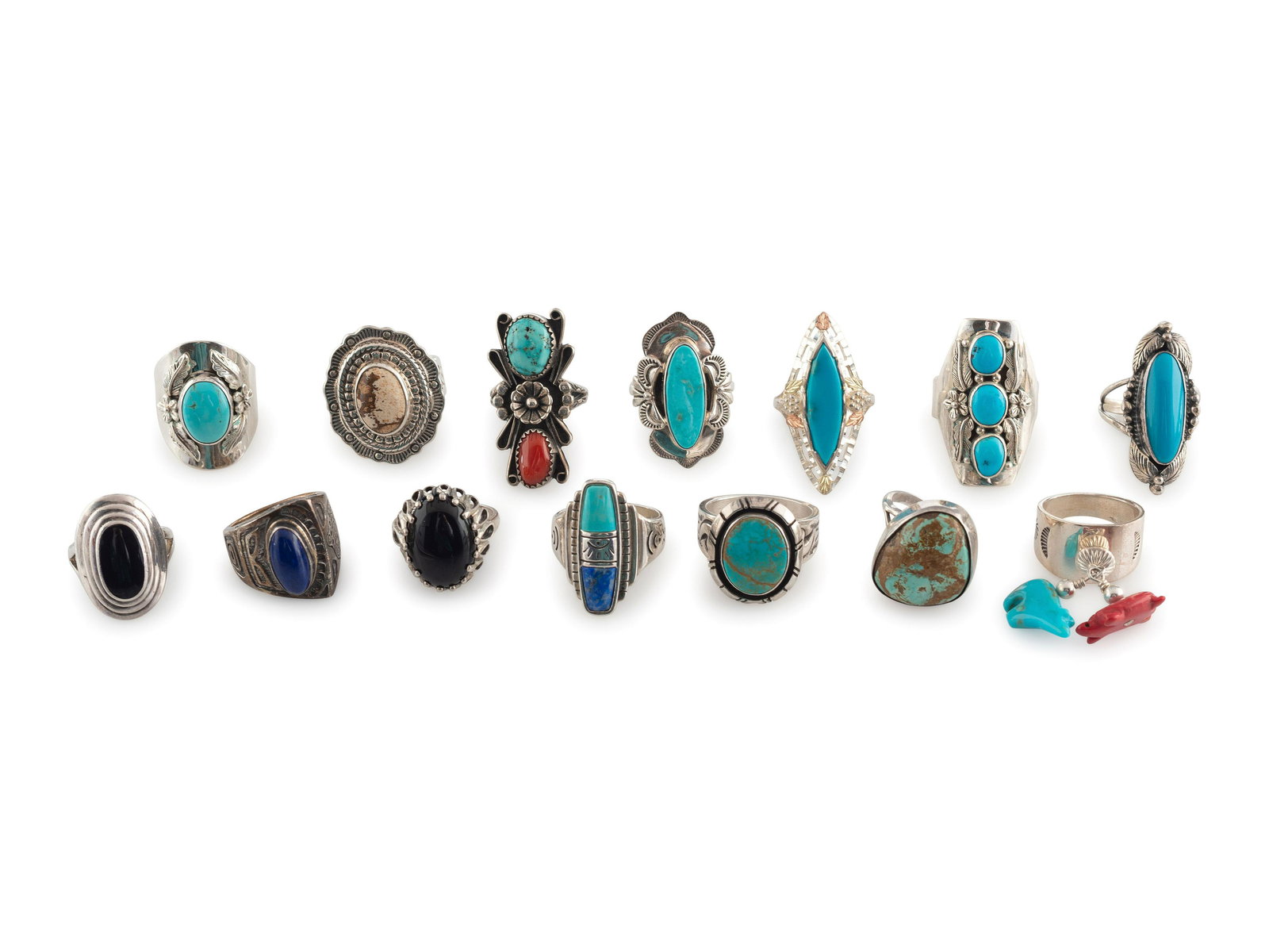 Southwestern-style Silver Rings, with Inlay second half 20th century  lot of 15, includes:  sizes (1 of 3)