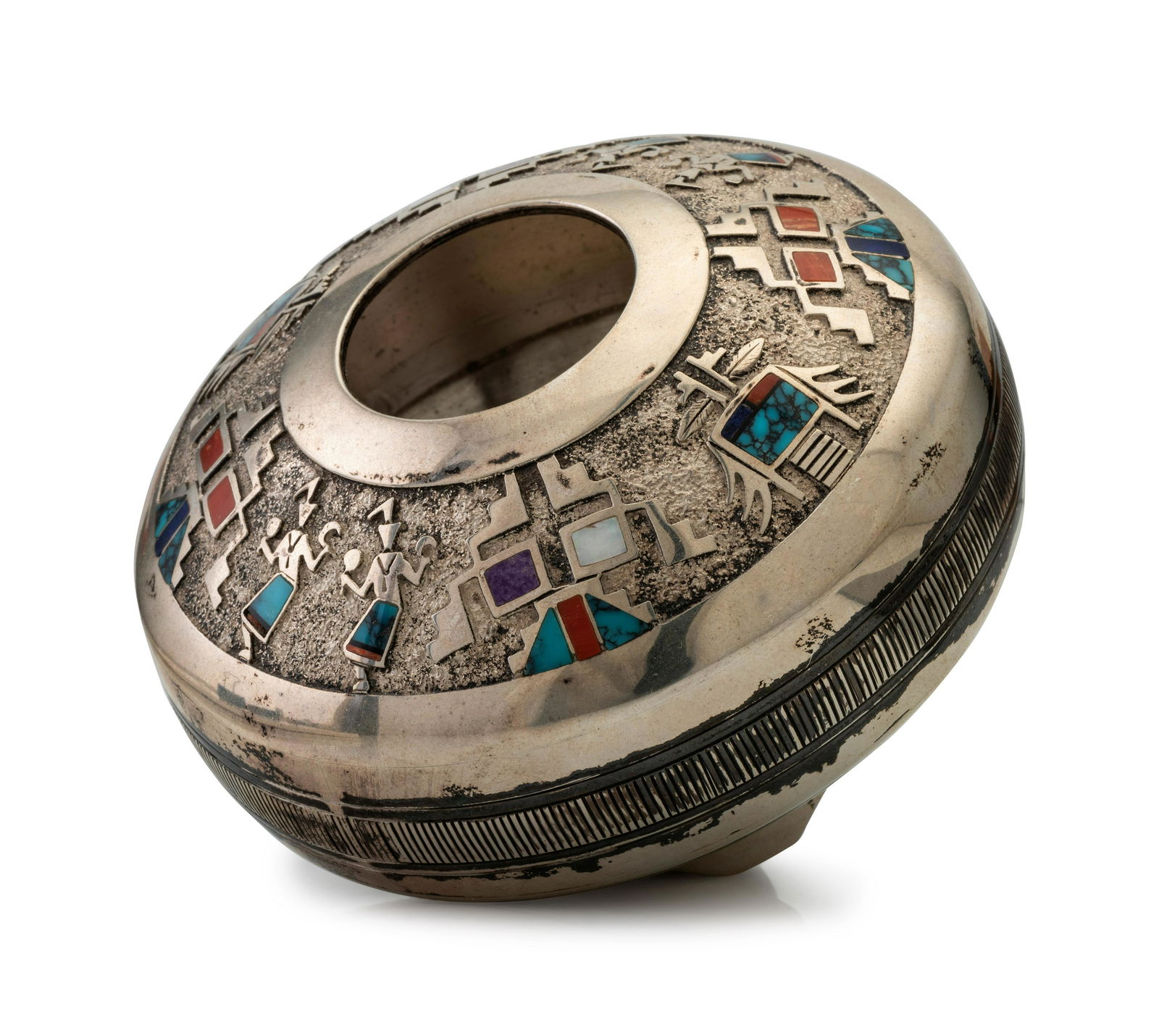 Navajo Sterling Silver Seed Jar, with Inlay ca 2000  with scalloped silver feet; the top decorated (1 of 4)