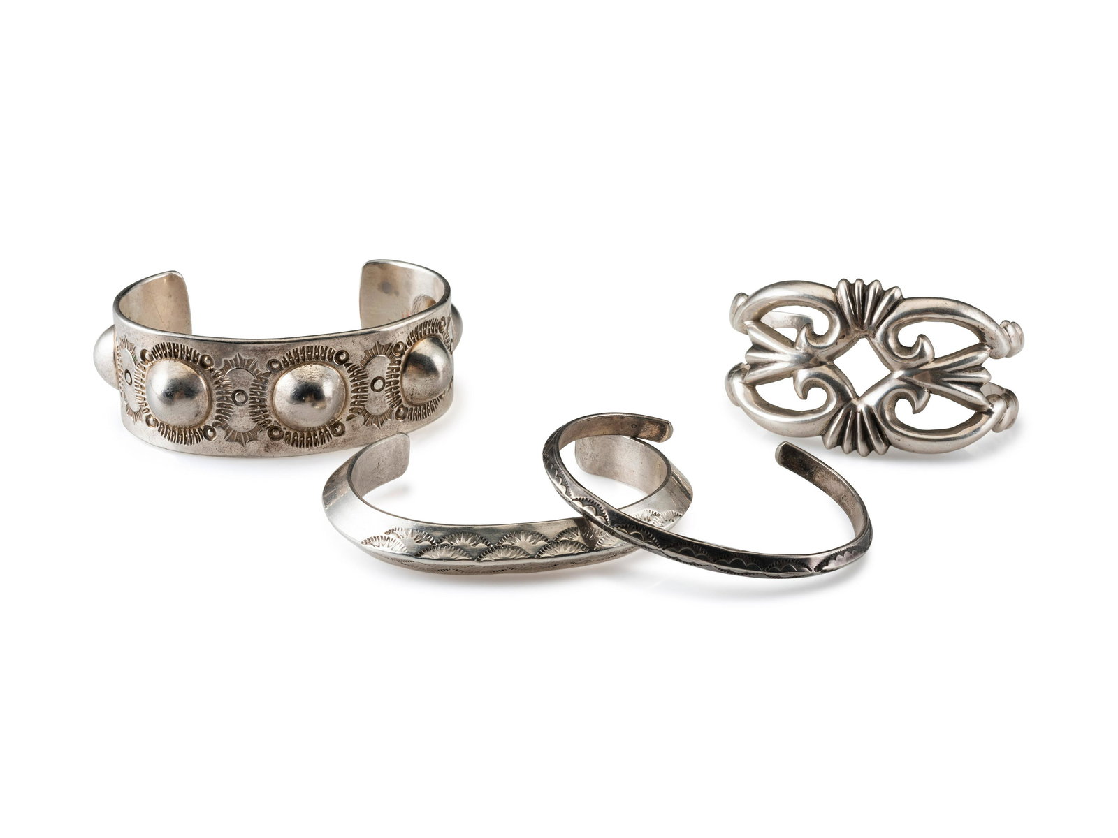 Navajo Silver Cuff Bracelets third quarter 20th century  lot of 4, includes:  one marked  BRB (1 of 4)