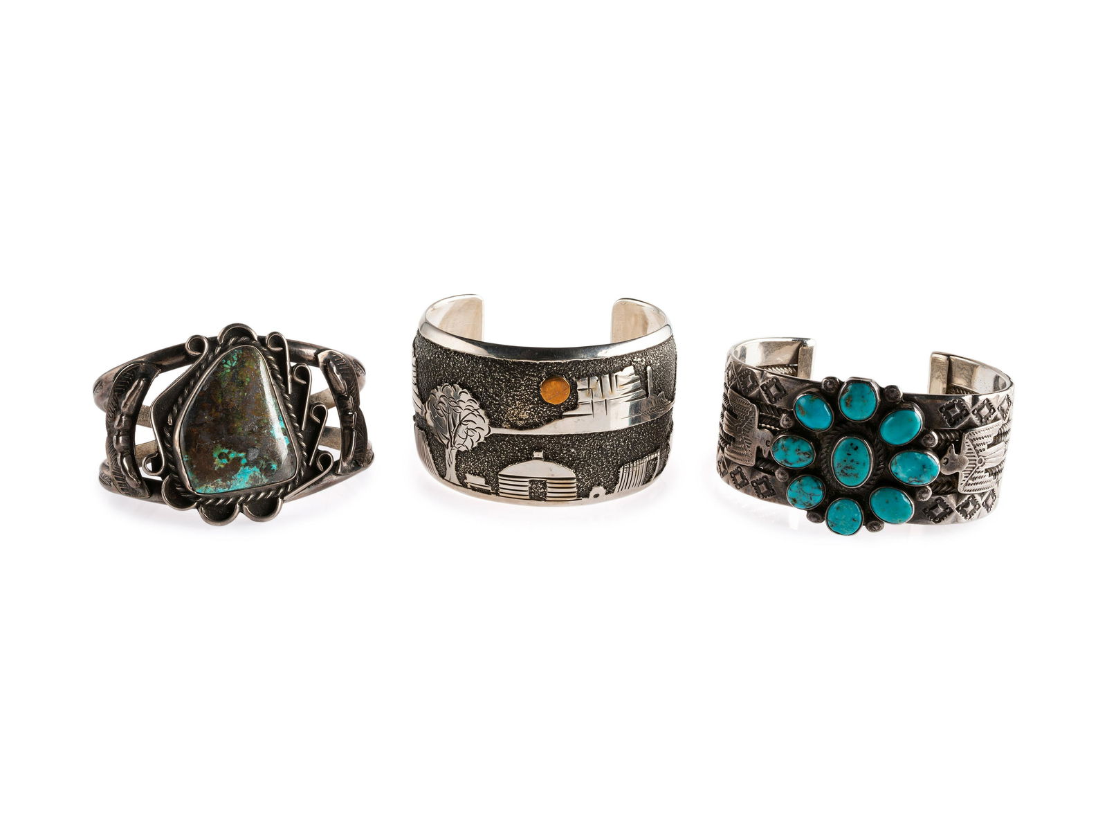 Navajo Silver Cuff Bracelets mid - third quarter 20th century  lot of 3, includes:  a cuff with (1 of 7)