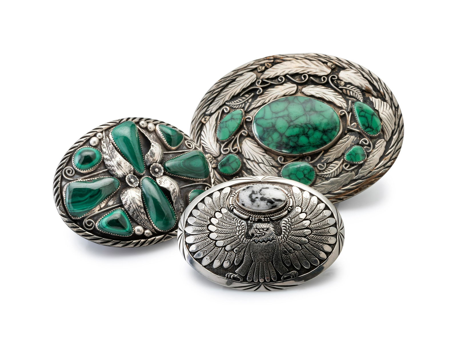 Navajo Silver Belt Buckles, with Inlay third quarter 20th century   lot of 3, includes:  a large (1 of 4)