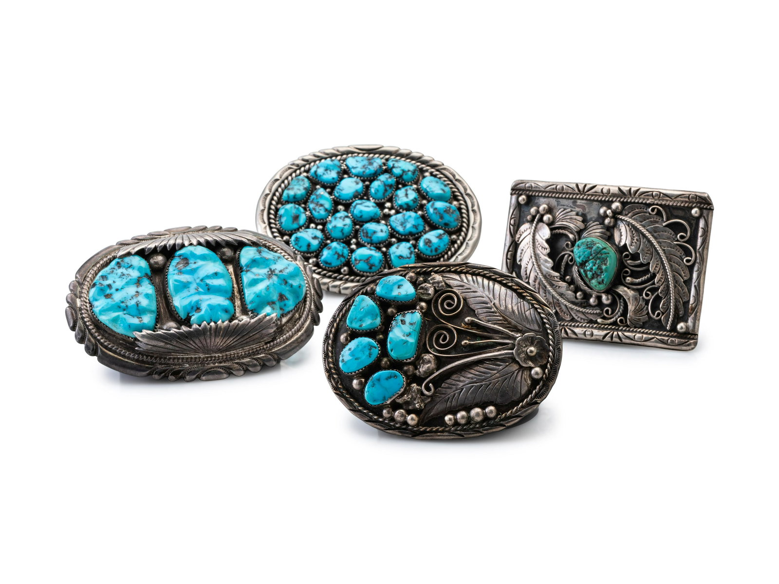 Navajo Silver and Turquoise Nugget Belt Buckles third quarter 20th century   lot of 4, includes: (1 of 5)