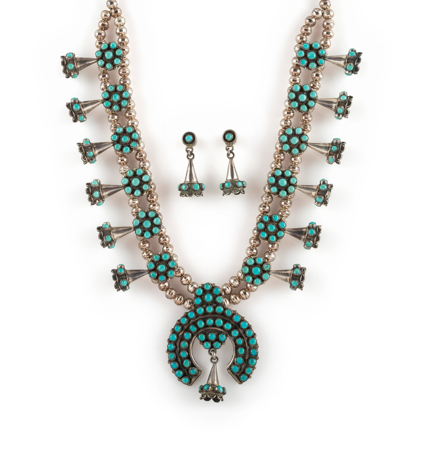 Zuni Petite Silver and Petit Point Turquoise Squash Blossom Necklace and Matching Post Earrings (1 of 2)