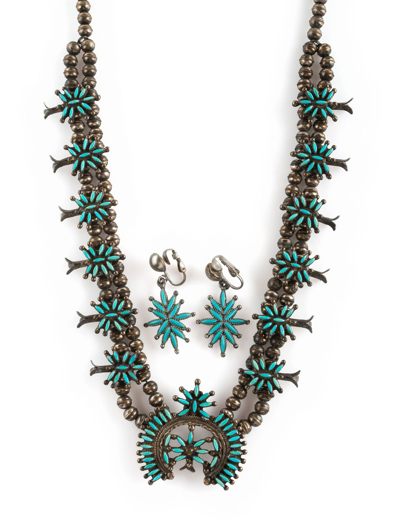 Eleanor Weeka (Zuni, 1928-2012) Petite Silver and Needle Point Squash Blossom Necklace and Clip (1 of 5)