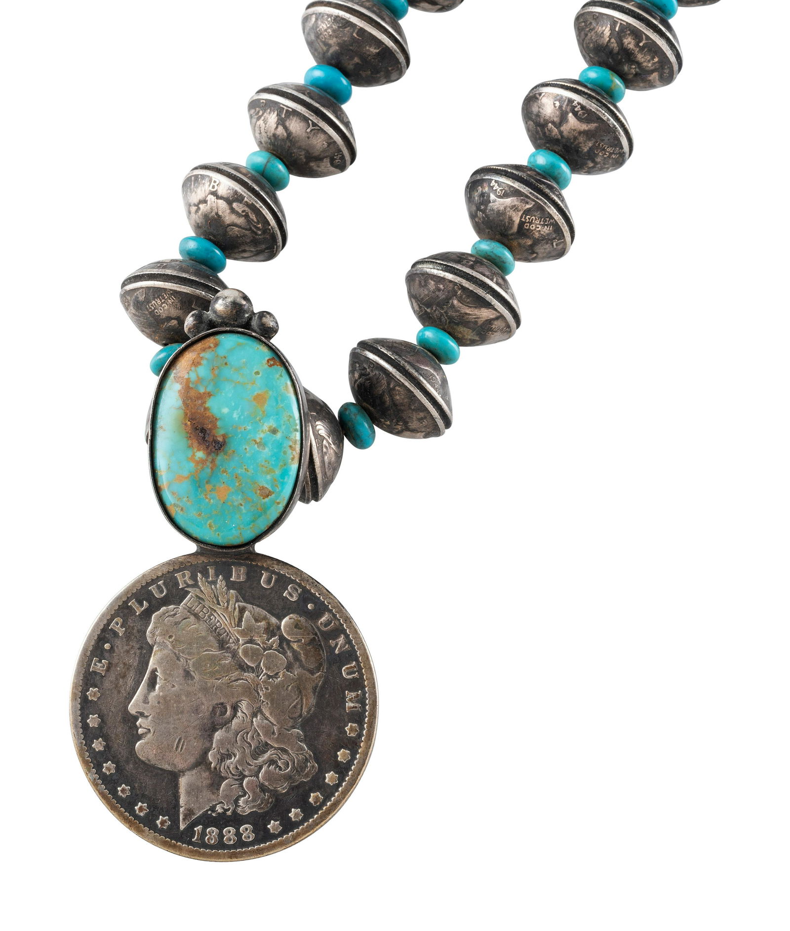 Navajo Coin and Turquosie Necklace third quarter 20th century   single-strand necklace strung with (1 of 3)