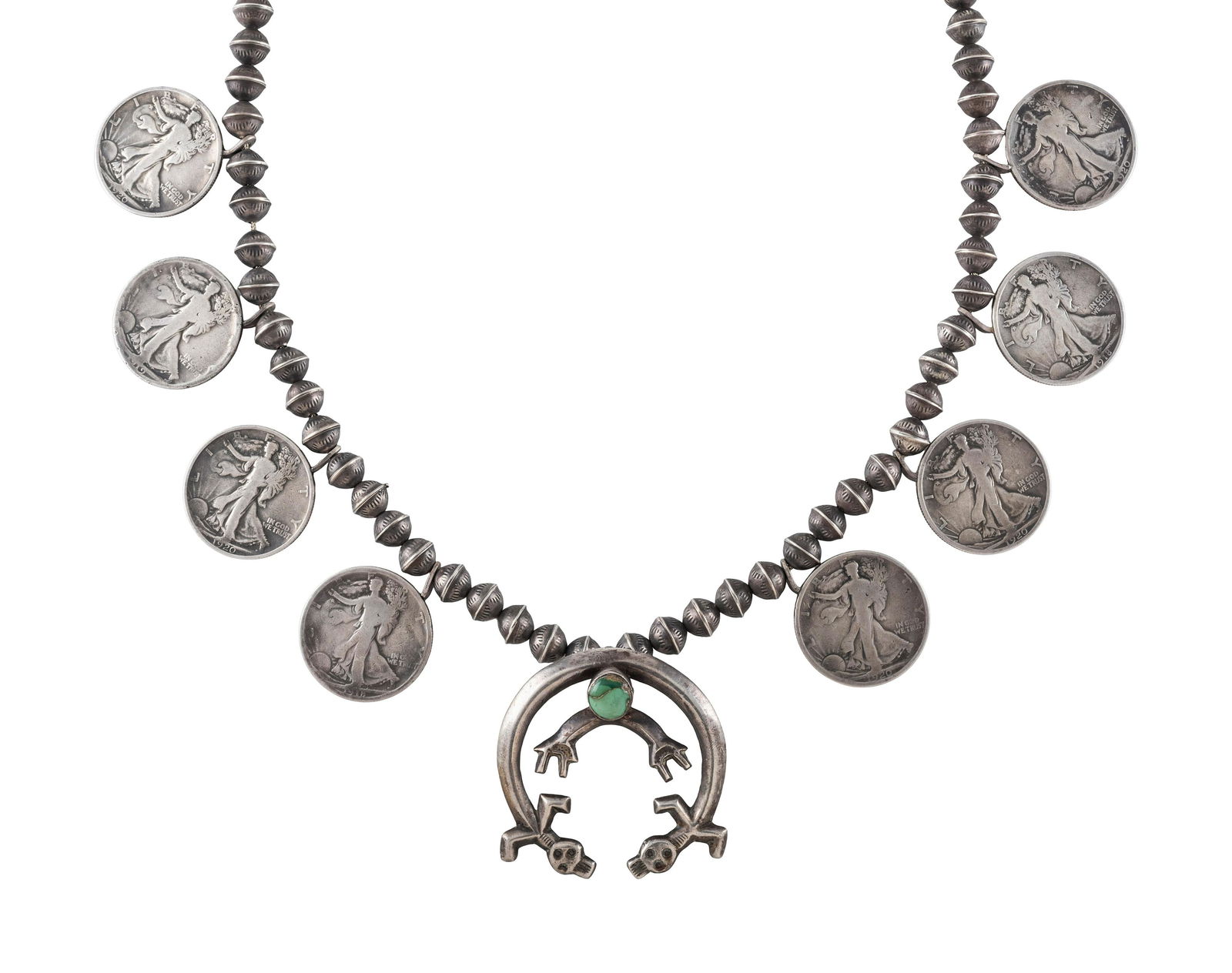 Navajo Silver, Coin, and Turquoise Squash Blossom Necklace third quarter 20th century (1 of 3)