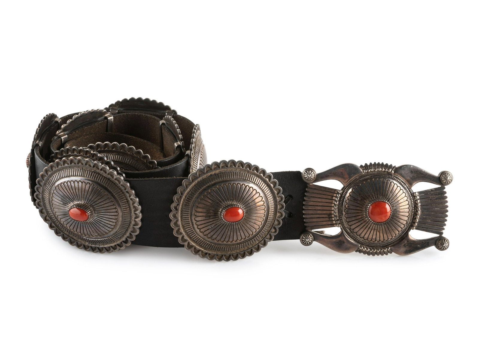 Herbert Taylor (Dine, 1951-1996) Sterling Silver and Coral Concha Belt signed TAYLOR with artist's: Herbert Taylor (Dine, 1951-1996) Sterling Silver and Coral Concha Belt signed TAYLOR with artist's hallmark, marked STERLING NAVAJO bet length 36 inches, concha length 3 inches x width 2-3/4 inches, b