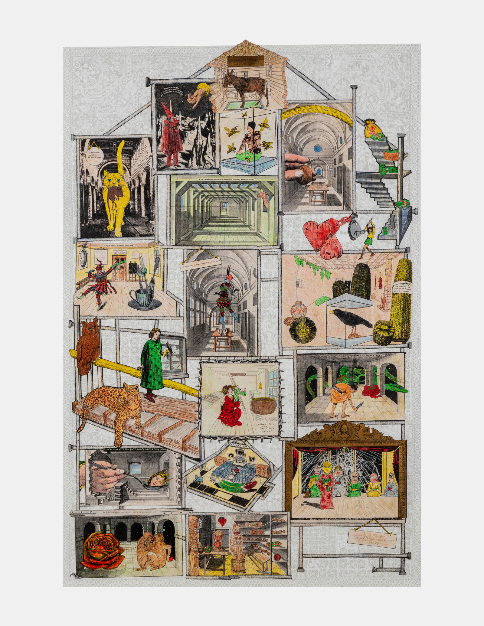 Jane Hammond (American, b. 1950) Love Laughs, 2005: Jane Hammond (American, b. 1950) Love Laughs, 2005 handcolored lithograph with collage signed, titled, dated and numbered 30/45 in pencil 50 x 33 inches. Property from the Collection of Kempf Hogan, B