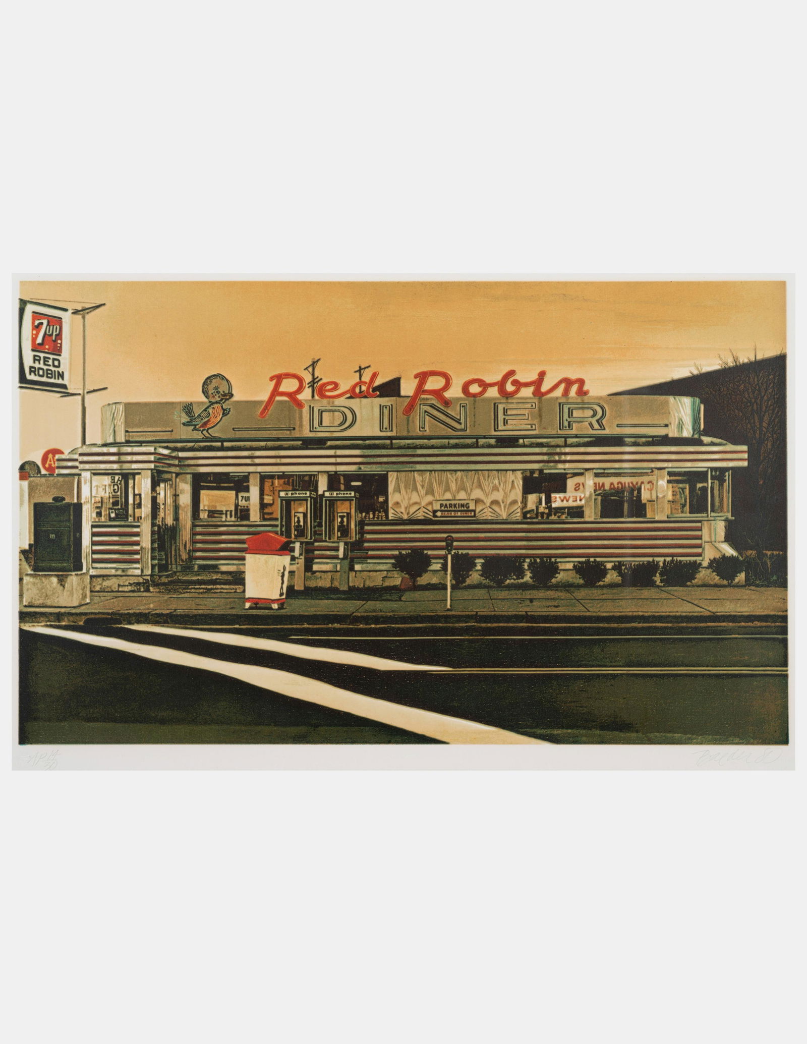 John Baeder (American, b. 1938) Red Robin, 1980: John Baeder (American, b. 1938) Red Robin, 1980 serigraph on paper signed, dated and annotated AP 14/30 in pencil 20 x 24 inches. Property from THE WAREHOUSE, Atlanta, Georgia
