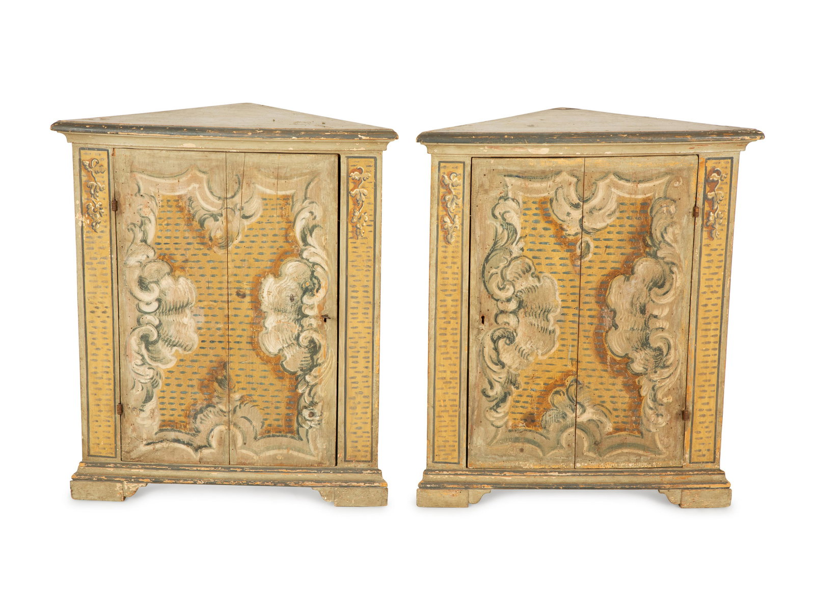 A Pair of Venetian Style Painted Corner Cabinets Height 34 1/2 x width 29 1/2 x depth 15 1/2 inches. (1 of 5)