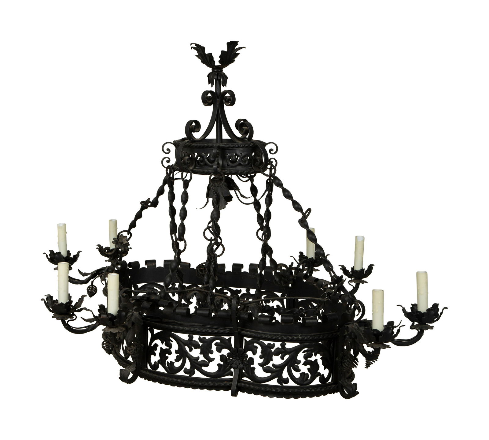 A Wrought Iron Chandelier in the Style of Addison Mizner Height 42 x width 50 x depth 40 inches. (1 of 4)