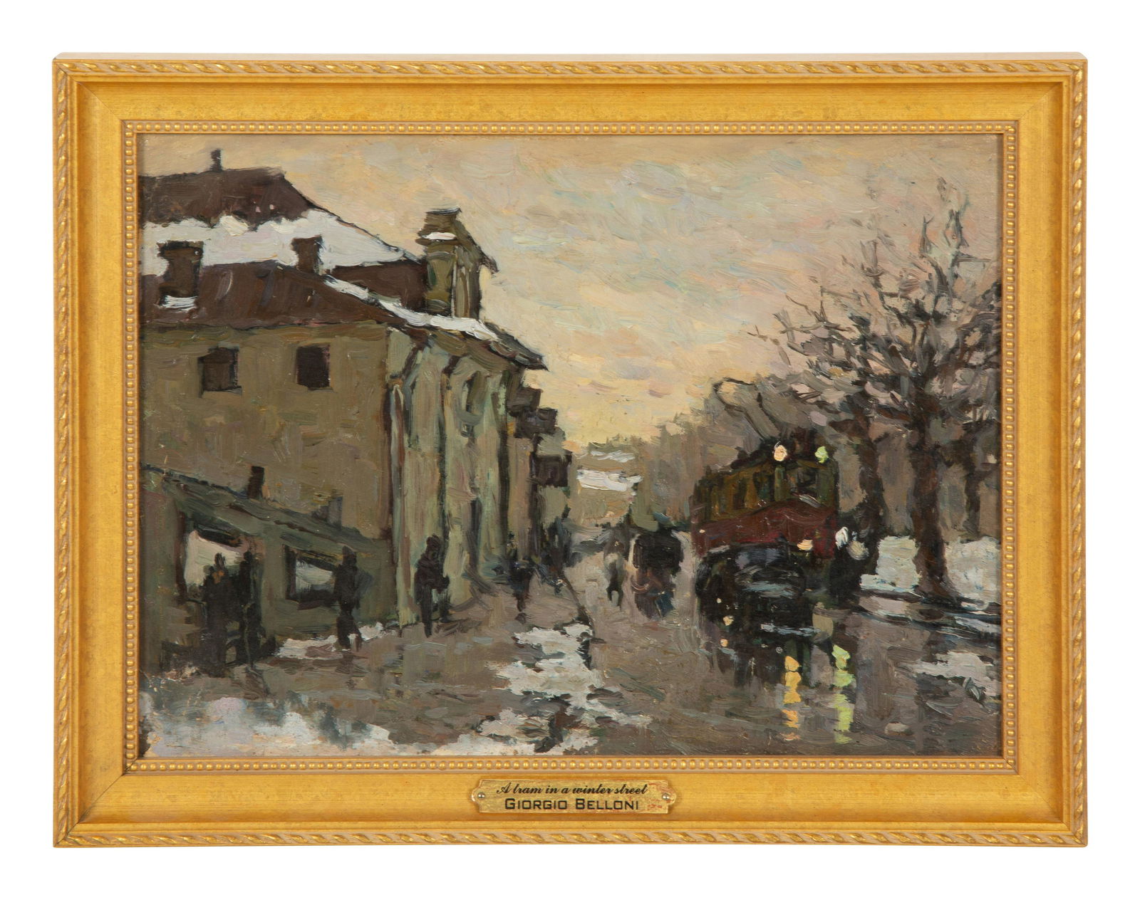 Giorgio Belloni (Italian, 1861-1944) A Tram in a Winter Street (1 of 4)