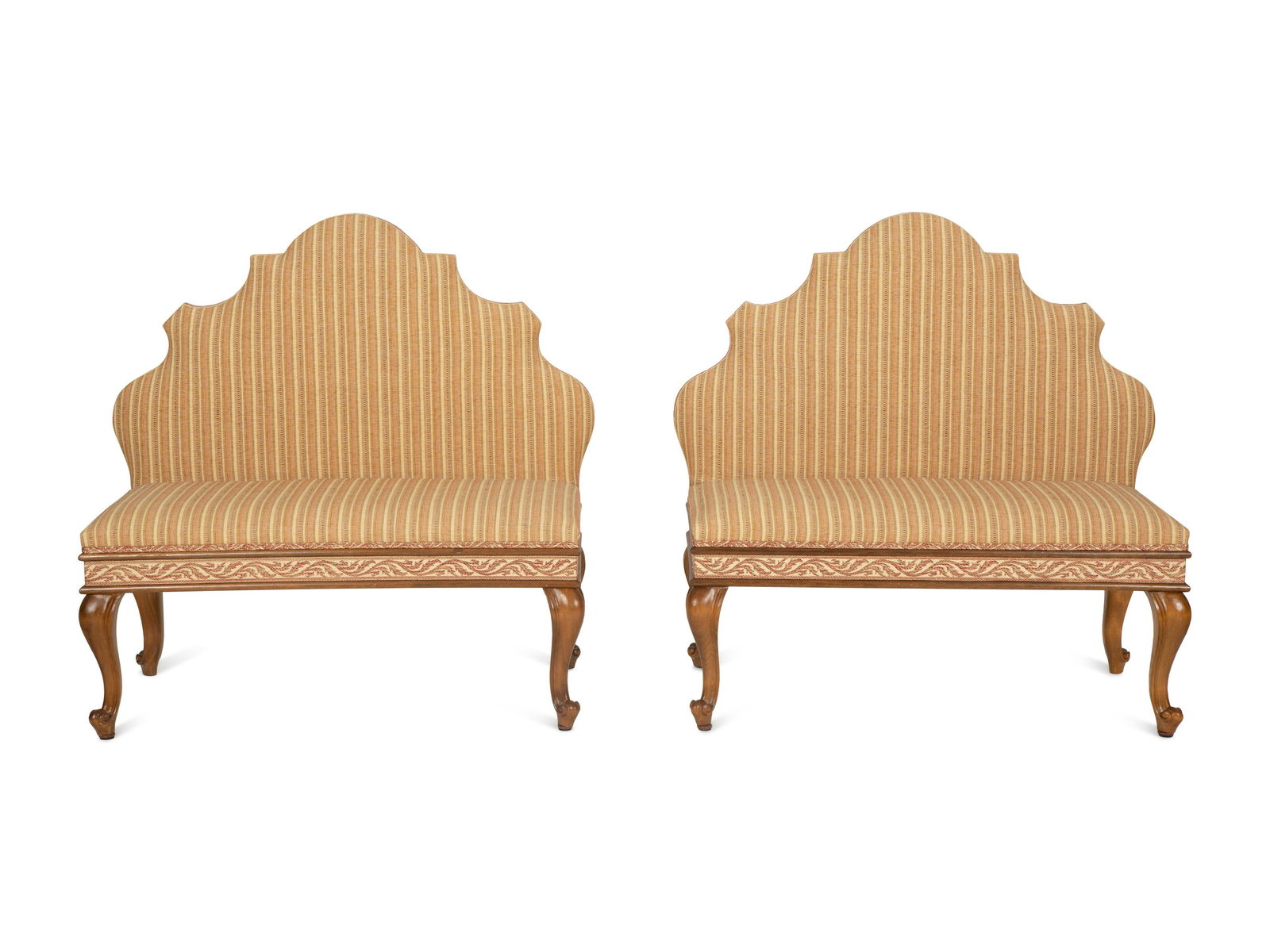 A Pair of Louis XV Style Upholstered Hall Benches Height 41 /2 x width 42 x depth 20 3/4 inches. (1 of 9)