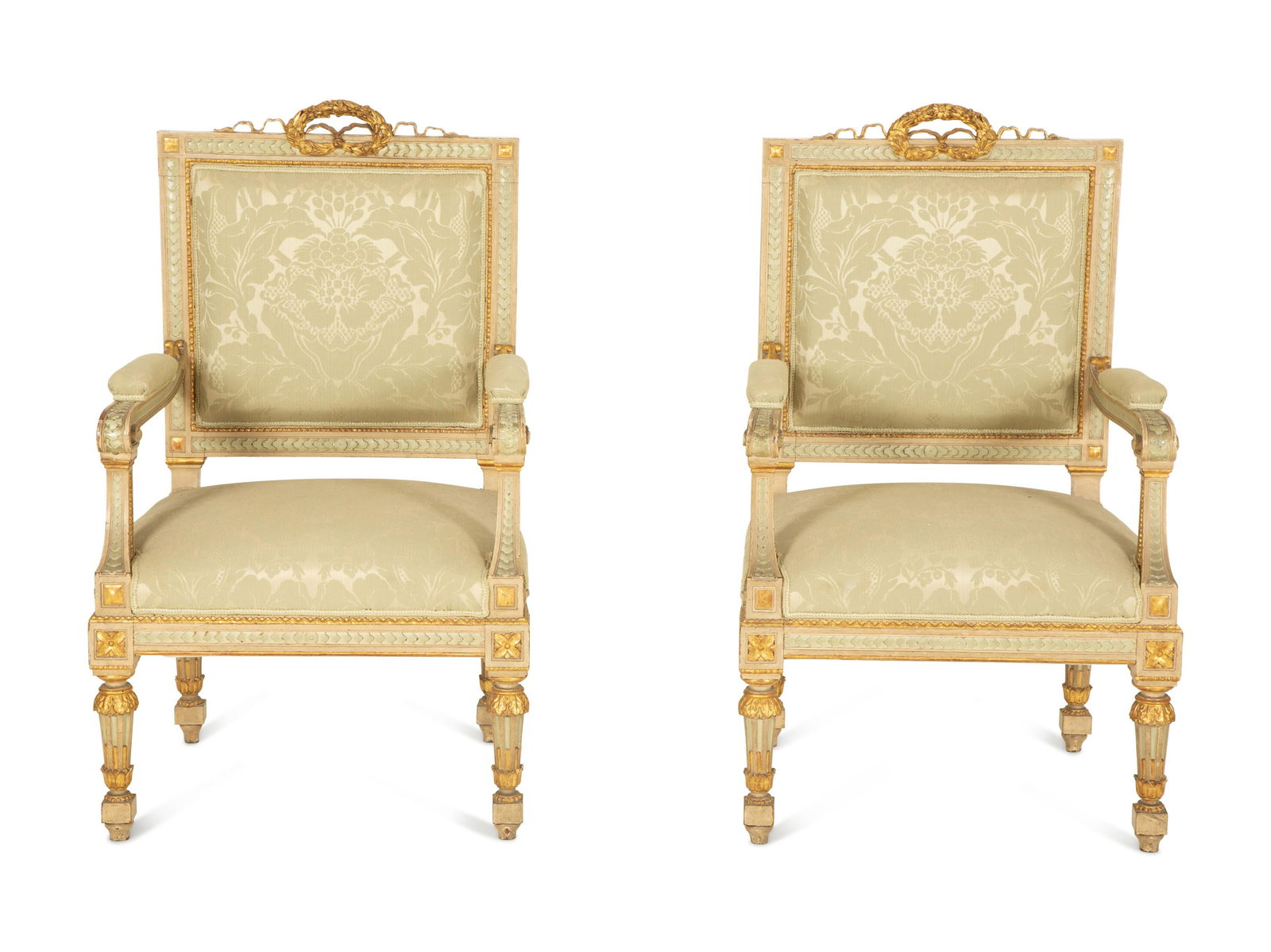A Six-Piece Louis XIV Style Painted and Parcel Gilt Parlor Suite Canape, height 43 1/2 x width 70 x (1 of 15)