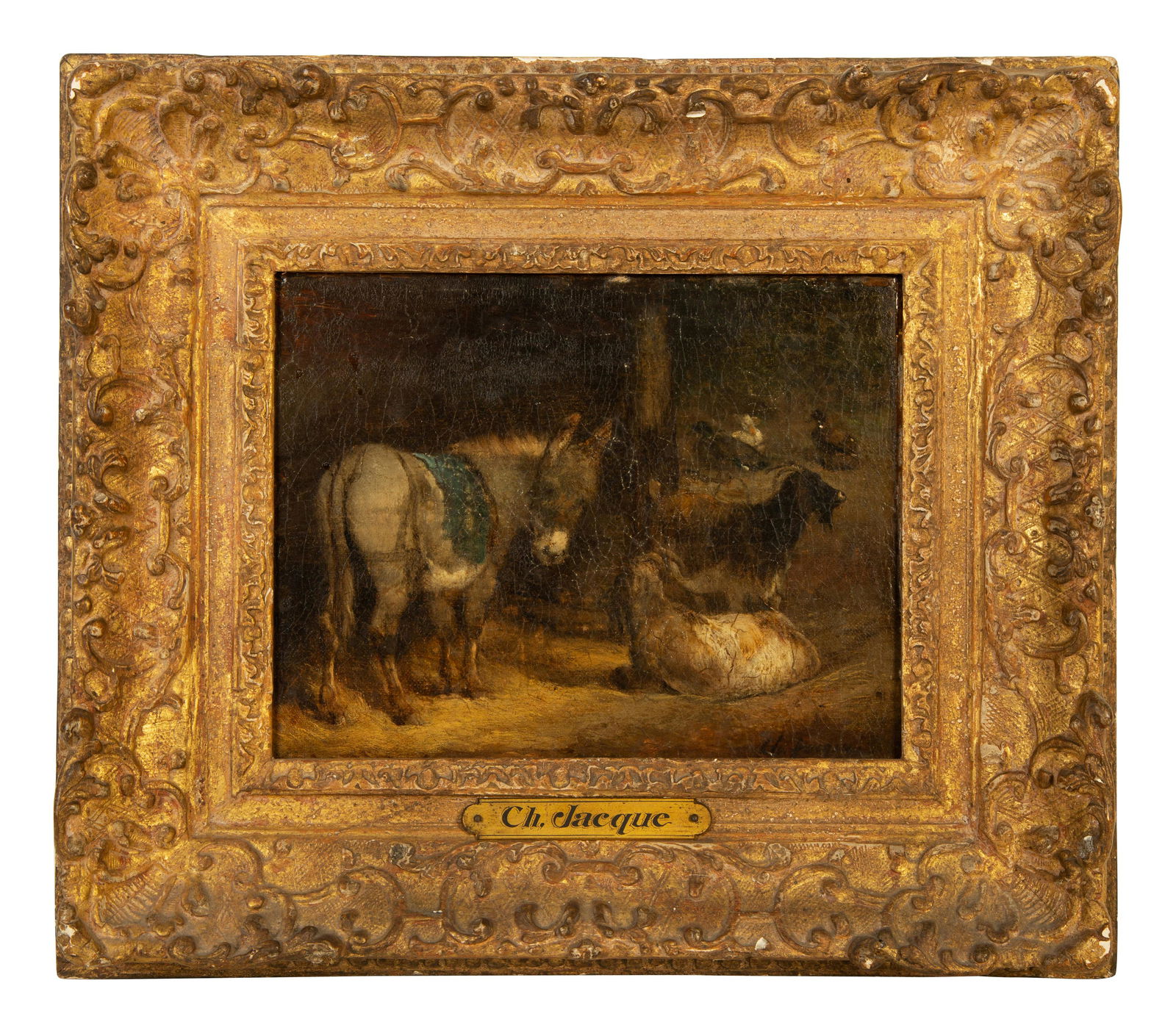 Charles Emile Jacque Charles Emile Jacque (French, 1813-1894) Untitled (Animals in Stable): Charles Emile Jacque Charles Emile Jacque (French, 1813-1894) Untitled (Animals in Stable) oil on canvas 5 3/4 x 7 1/2 inches.